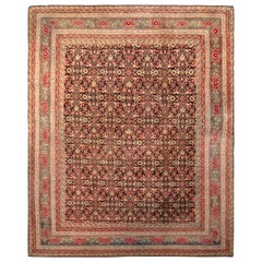 Hand-Knotted Antique Agra Rug in Red and Black Floral Pattern