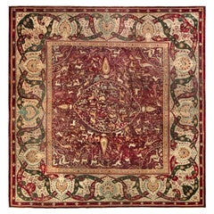 Antique Agra Square Rug in Red and Beige Brown Pictorial Patterns