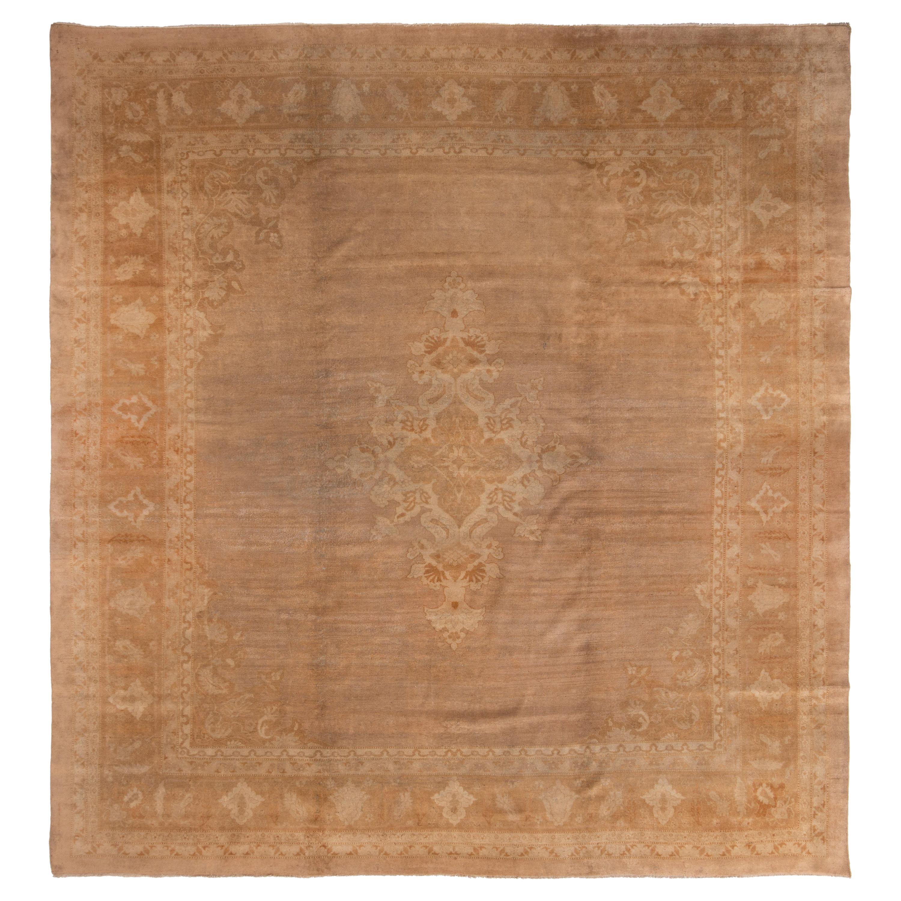 Hand knotted Antique Amritsar Rug in Beige-Brown and Gold Medallion Pattern