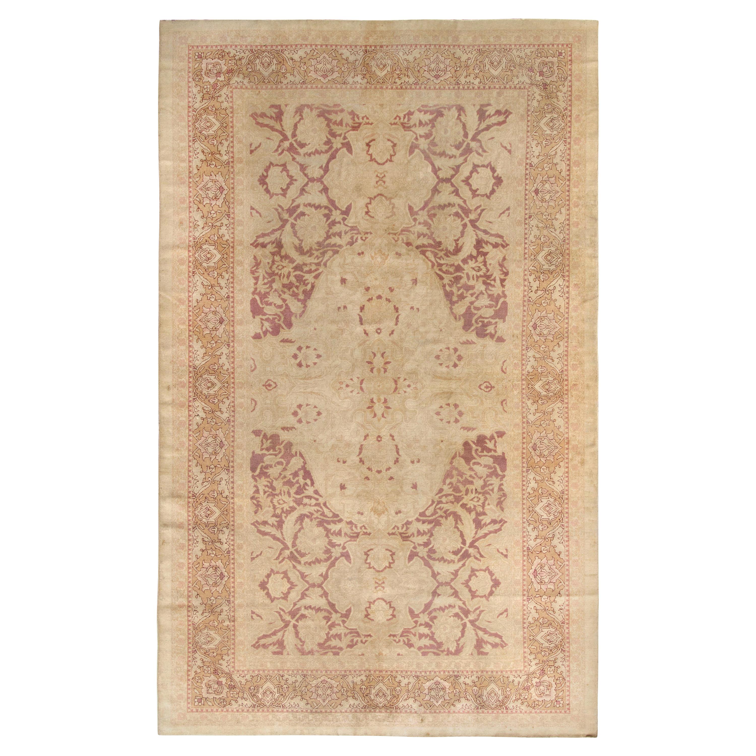 Hand-Knotted Antique Amritsar Rug in Beige-Brown Floral Pattern
