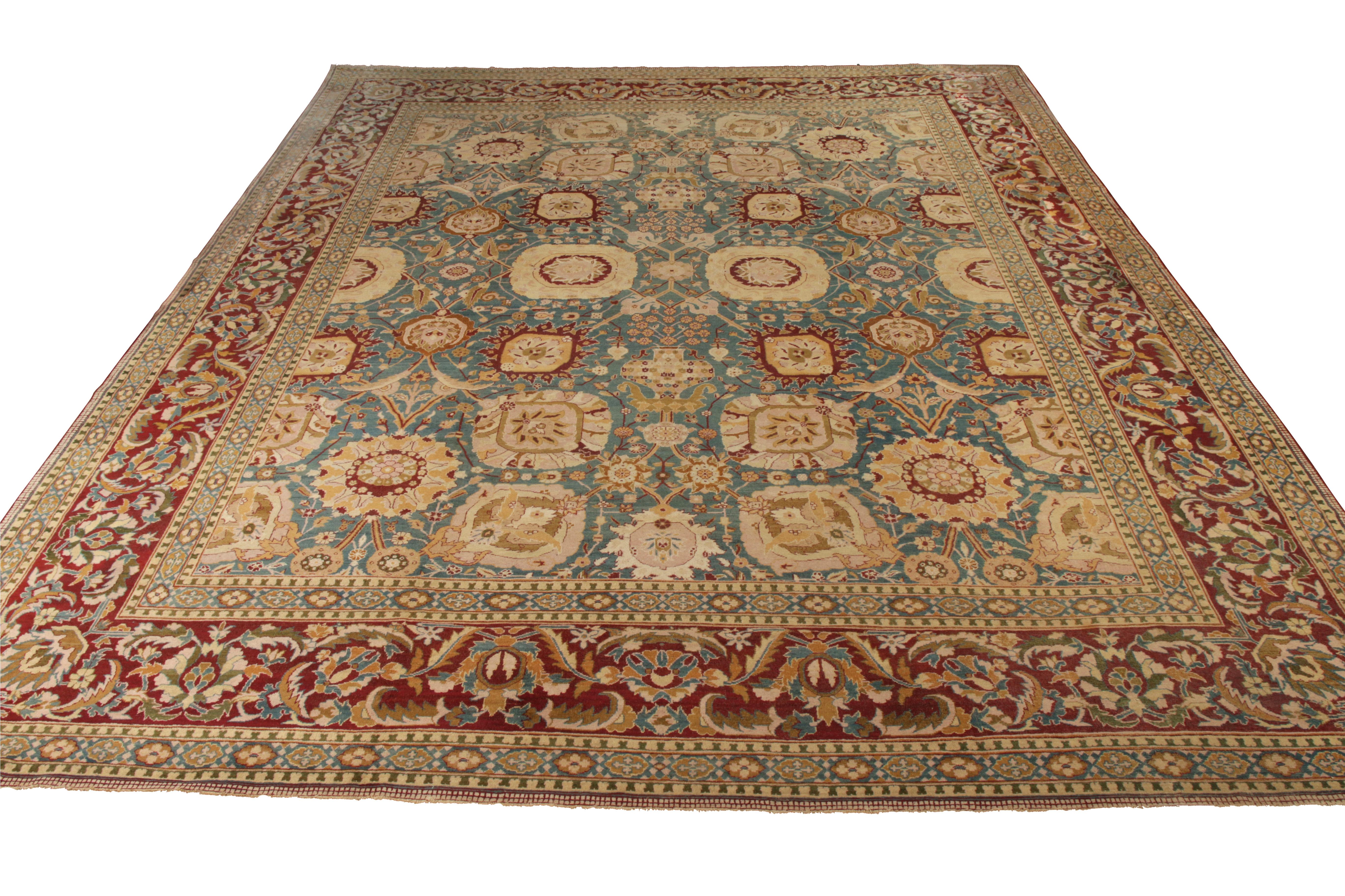 A rare 14 x 19 antique rug originating from India circa 1870-1880, among our oldest and most spacious oriental rugs. This hand-knotted wool rug connotes rare elements among antique Amritsar rugs and Agra rugs of numerous attractive distinctions.