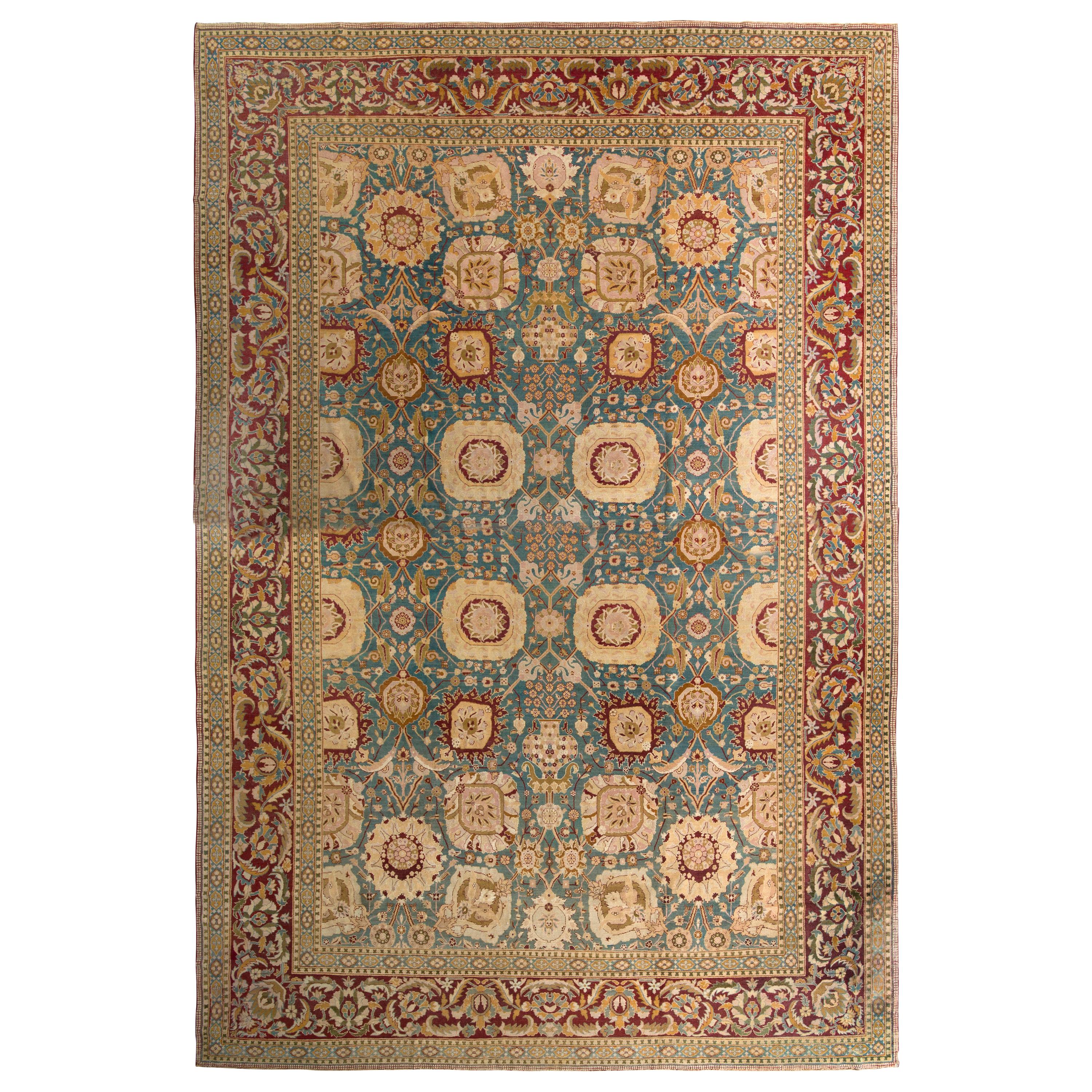 Antique Amritsar Rug in Blue with Gold & Red Floral Patterns, from Rug & Kilim