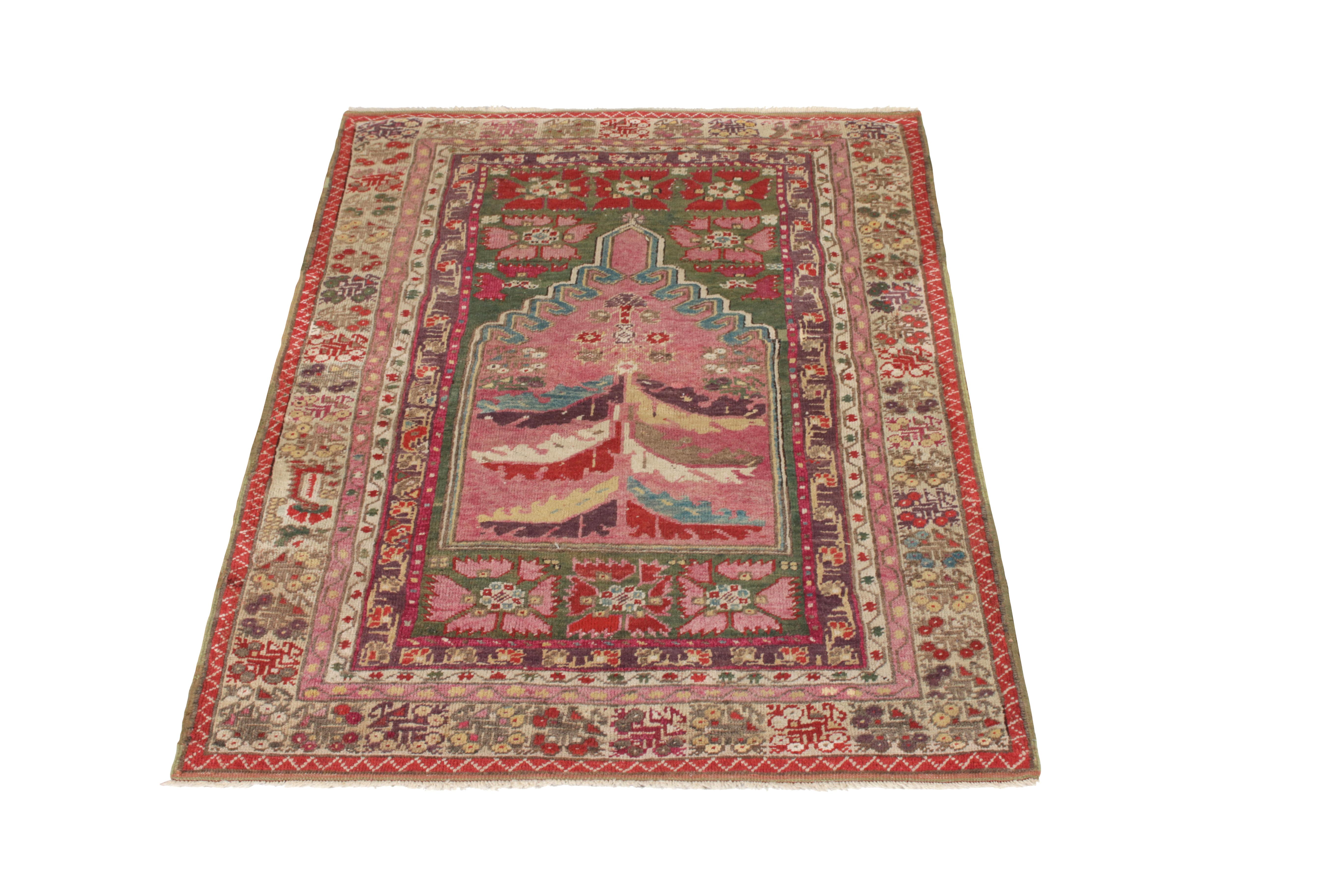 Hand-knotted in wool originating from Turkey circa 1880-1890, this 3 x 5 rug is a handmade antique Anatolian rug featuring an uncommon geometric floral pattern and a wide array of unique colorways seldom seen in this good condition.

On the
