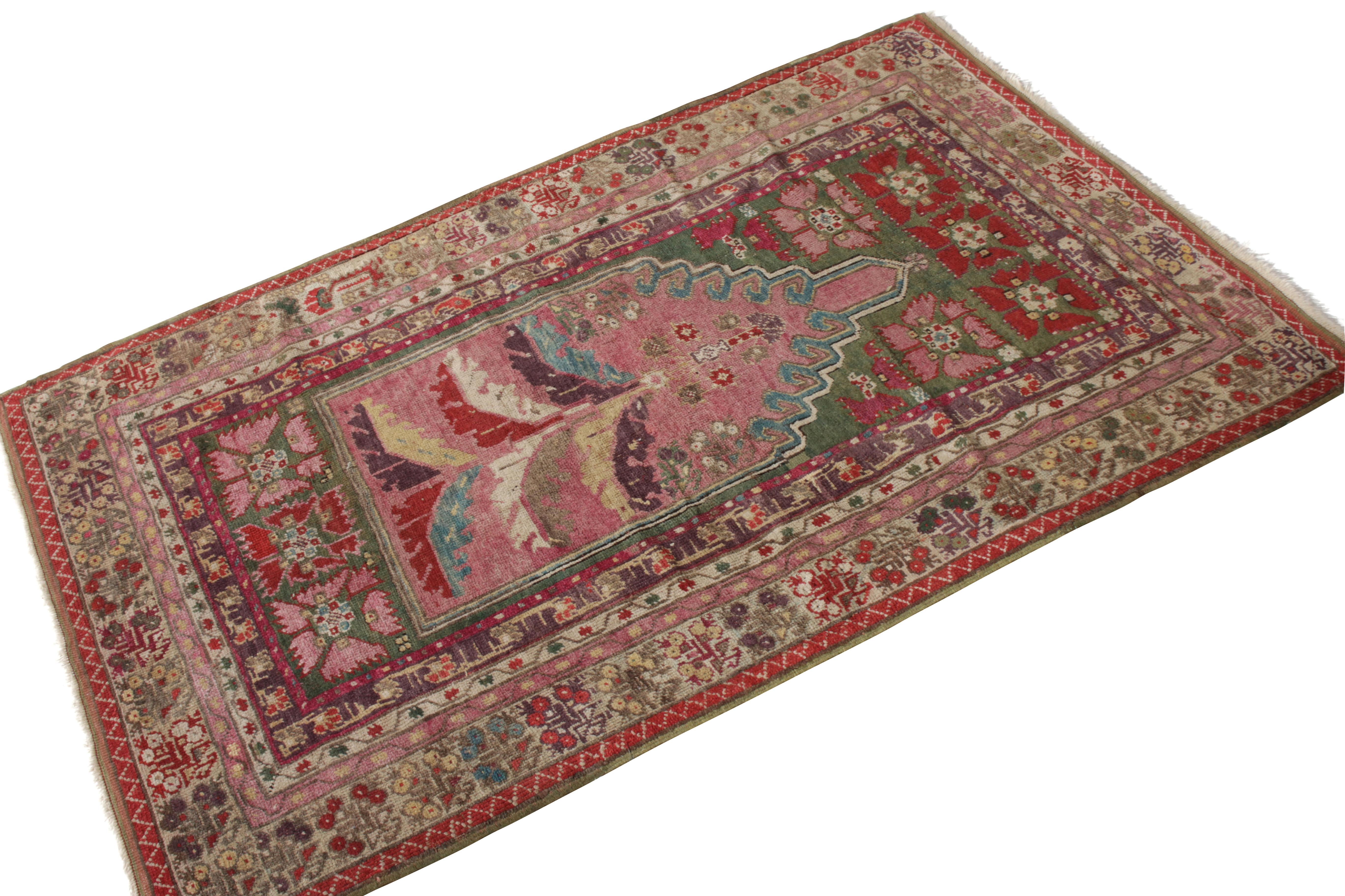 Turkish Antique Anatolian Rug in Pink & Green All Over Geometric Pattern by Rug & Kilim For Sale