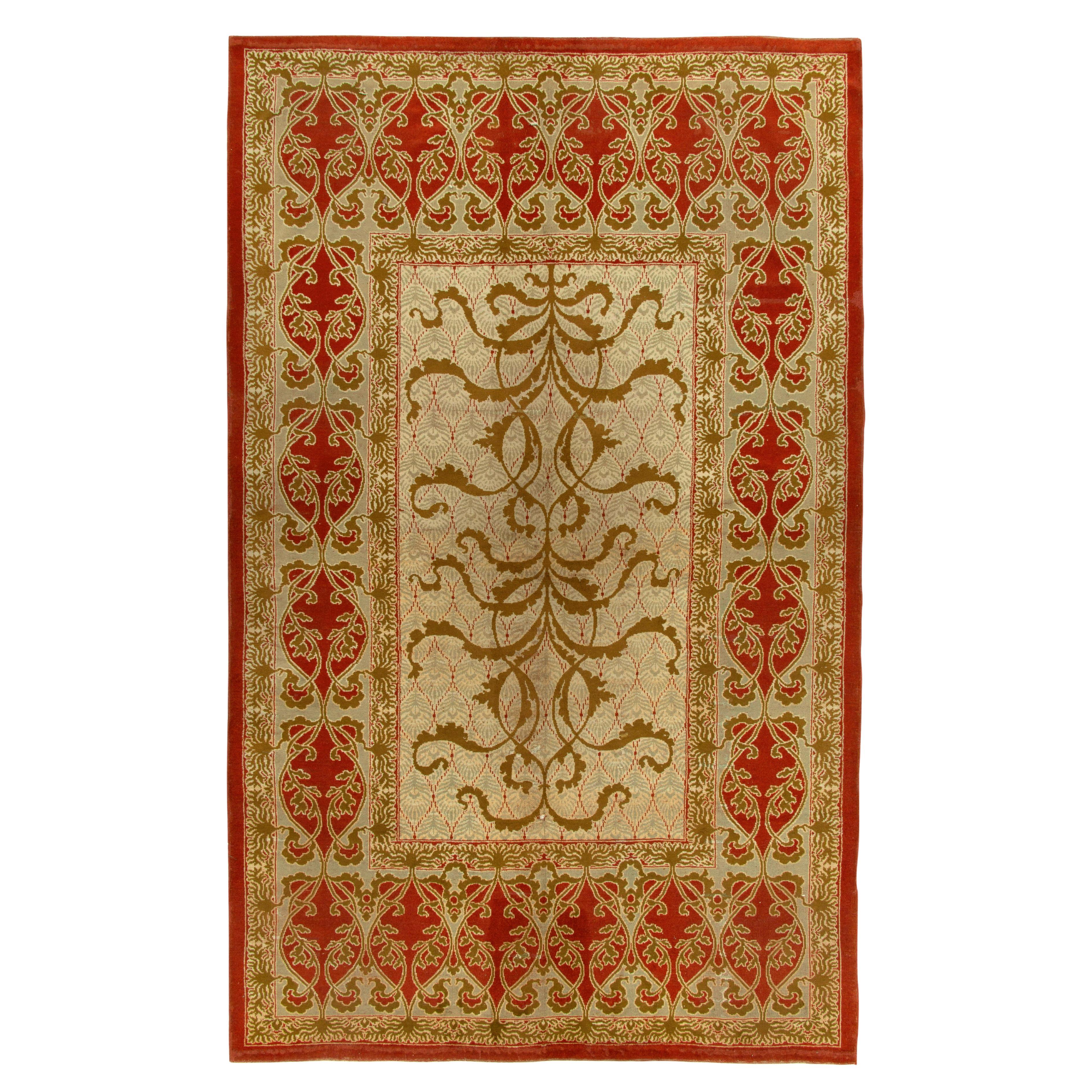 Antique Art Nouveau Rug in Red, Green, Brown Floral Pattern by Rug & Kilim