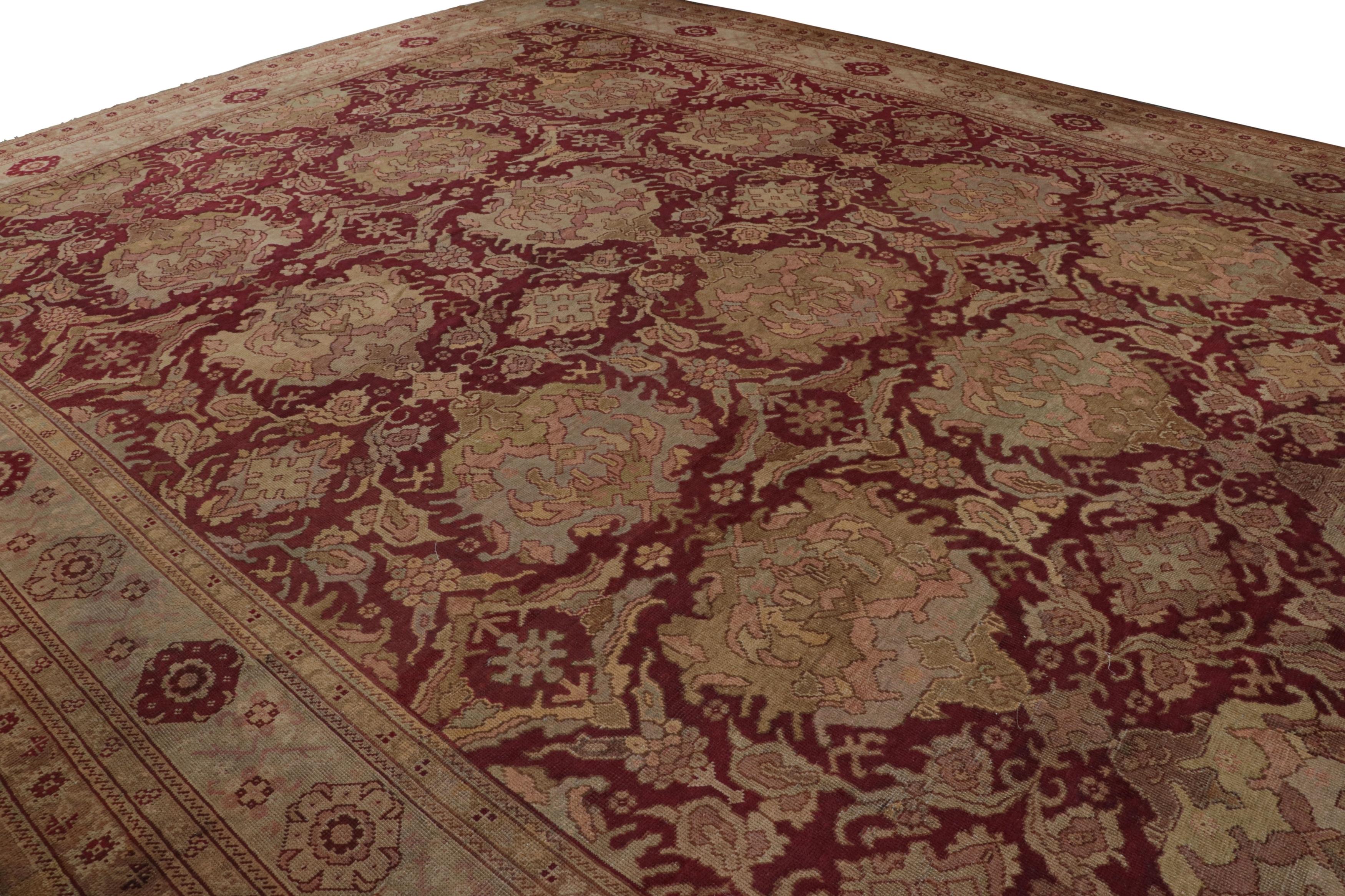 Arts and Crafts Hand-Knotted Antique Axminster Palace Rug—Red, Beige-Brown, Pink Floral Pattern For Sale