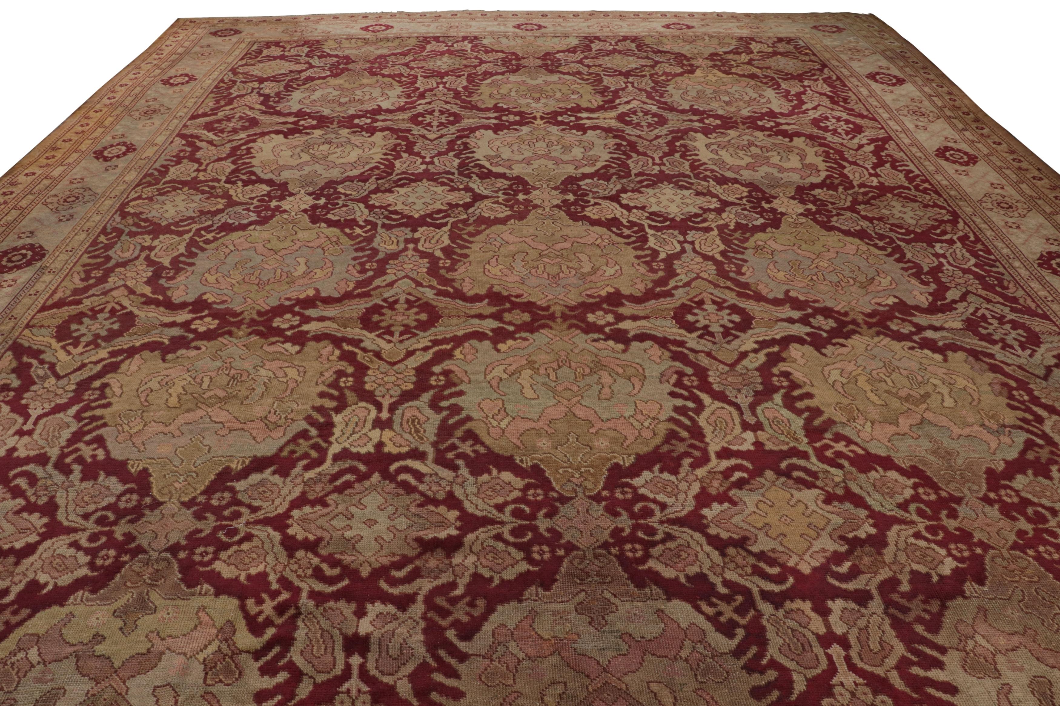 English Hand-Knotted Antique Axminster Palace Rug—Red, Beige-Brown, Pink Floral Pattern For Sale