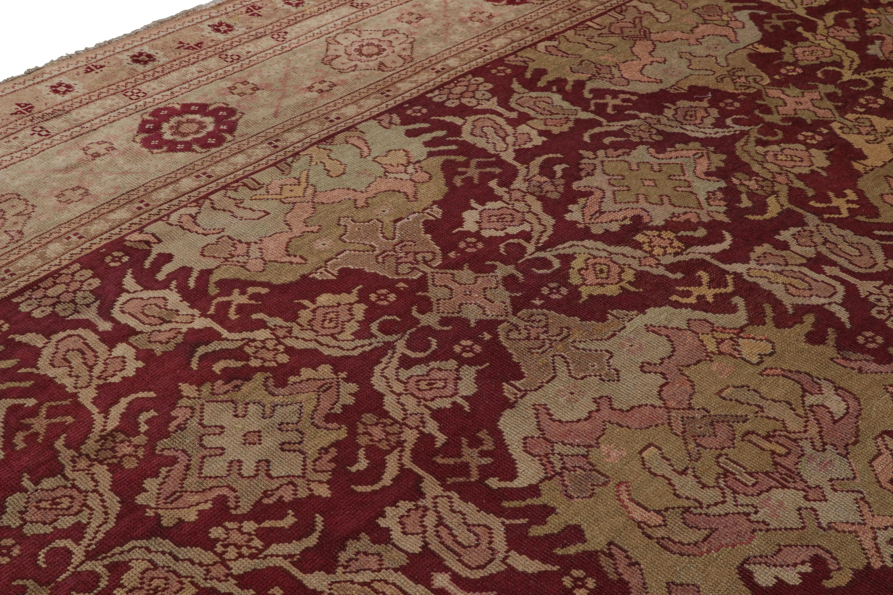 Wool Hand-Knotted Antique Axminster Palace Rug—Red, Beige-Brown, Pink Floral Pattern For Sale