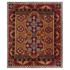 Hand Knotted Antique Axminster Rug in Gold Medallion Pattern