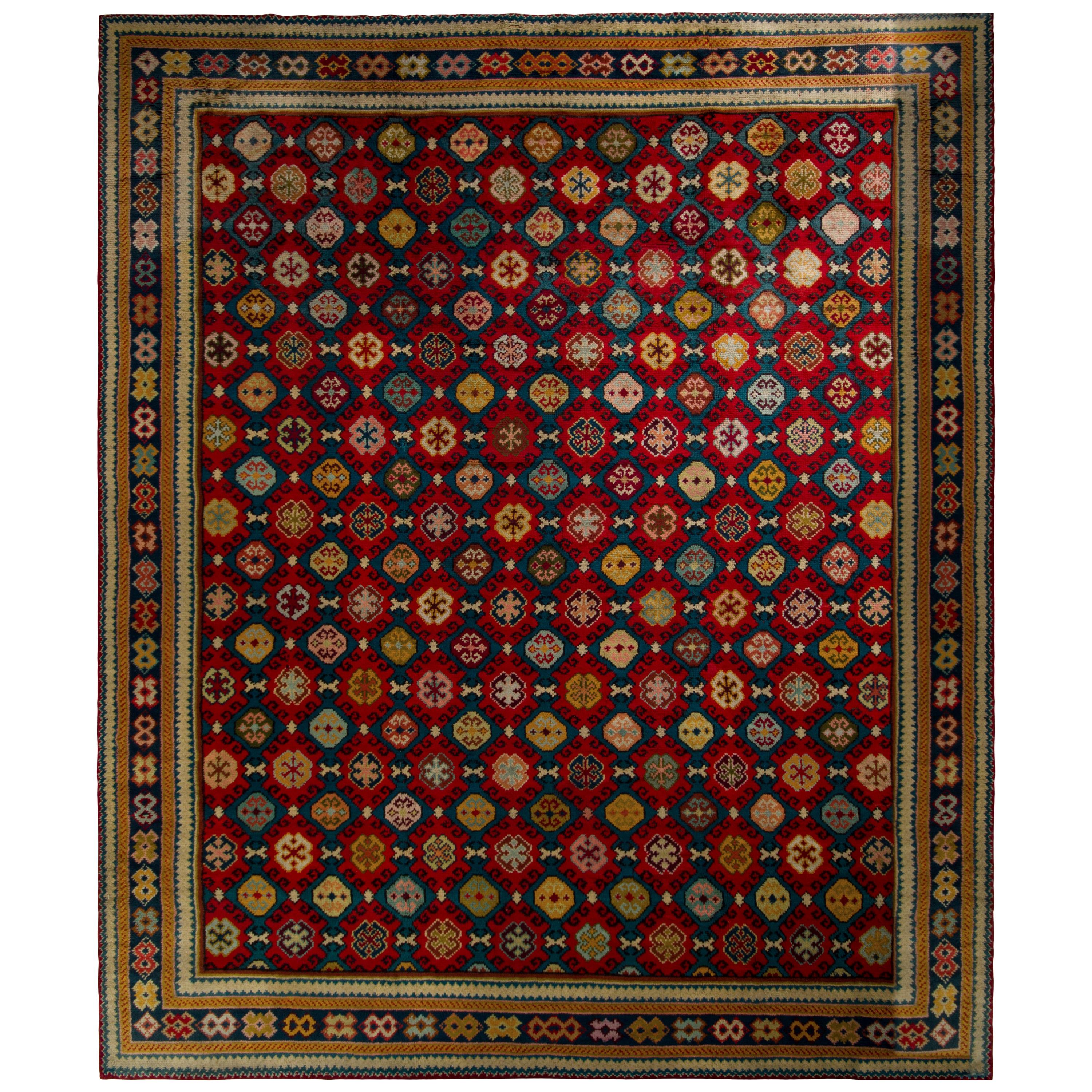 Hand-Knotted Antique Axminster Rug in Red Geometric Pattern
