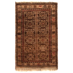 Hand Knotted Antique Baluch Rug Brown Geometric Tribal Pattern