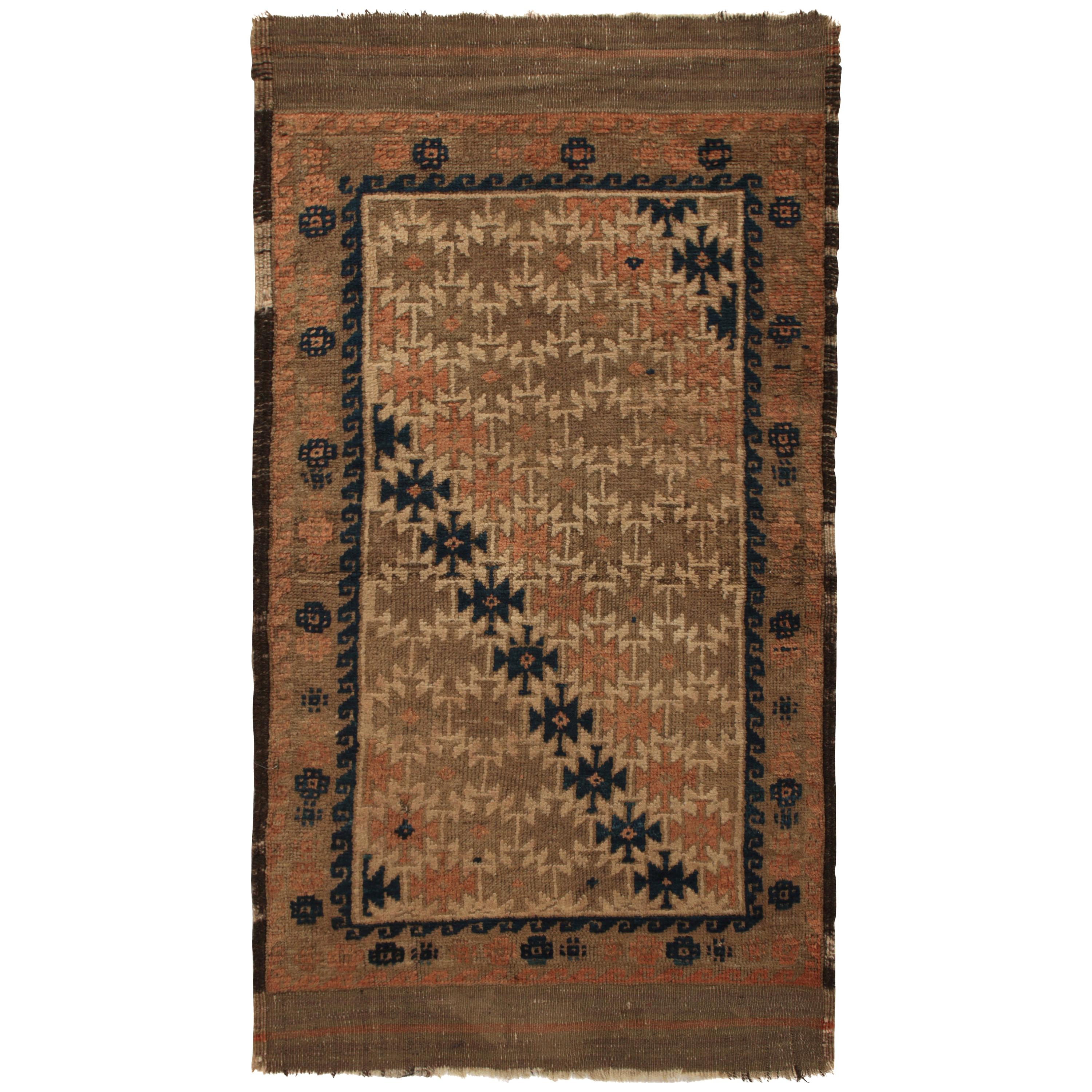 Hand Knotted Antique Rug in Beige and Orange Geometric Pattern by Rug & Kilim