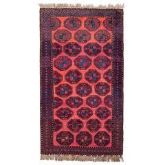 Hand Knotted Antique Baluch Rug in Red Blue Tribal Geometric Pattern