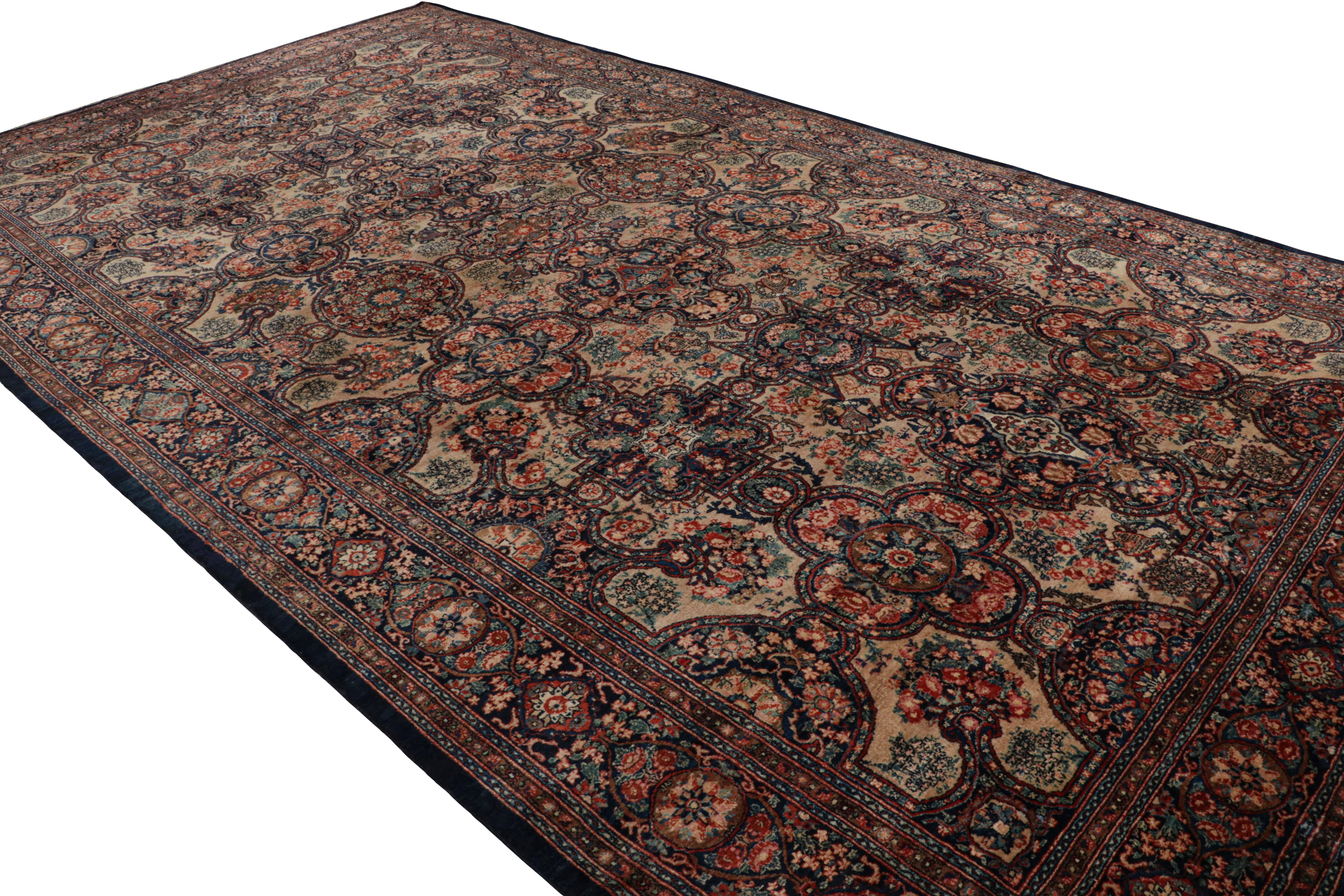 Hand knotted in wool originating circa 1890-1900, this 10 x 17 antique rug connotes an exceptionally rare Persian Bidjar rug design, both uncommon in its large size and the thoughtful colorway diversity—a seldom-seen departure from more Bidjar