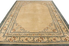 Hand-Knotted Antique Chinese Rug in Beige, Blue, Floral Pattern by Rug & Kilim