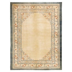 Hand-Knotted Antique Chinese Rug in Beige-Brown, Blue Open Field, Floral Pattern