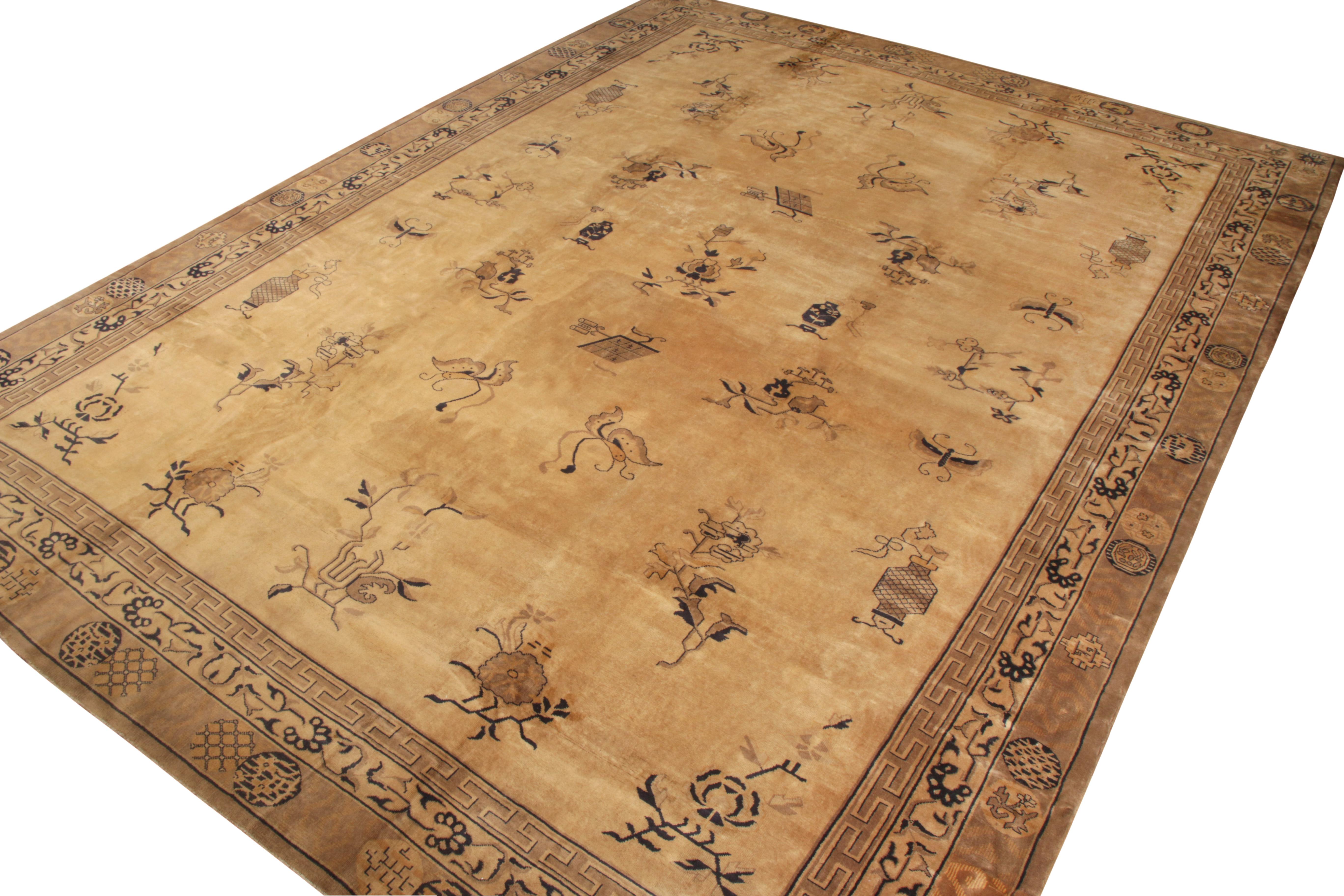 Art Deco Hand-Knotted Antique Indochinese Rug in Gold with Beige-Brown Patterns For Sale