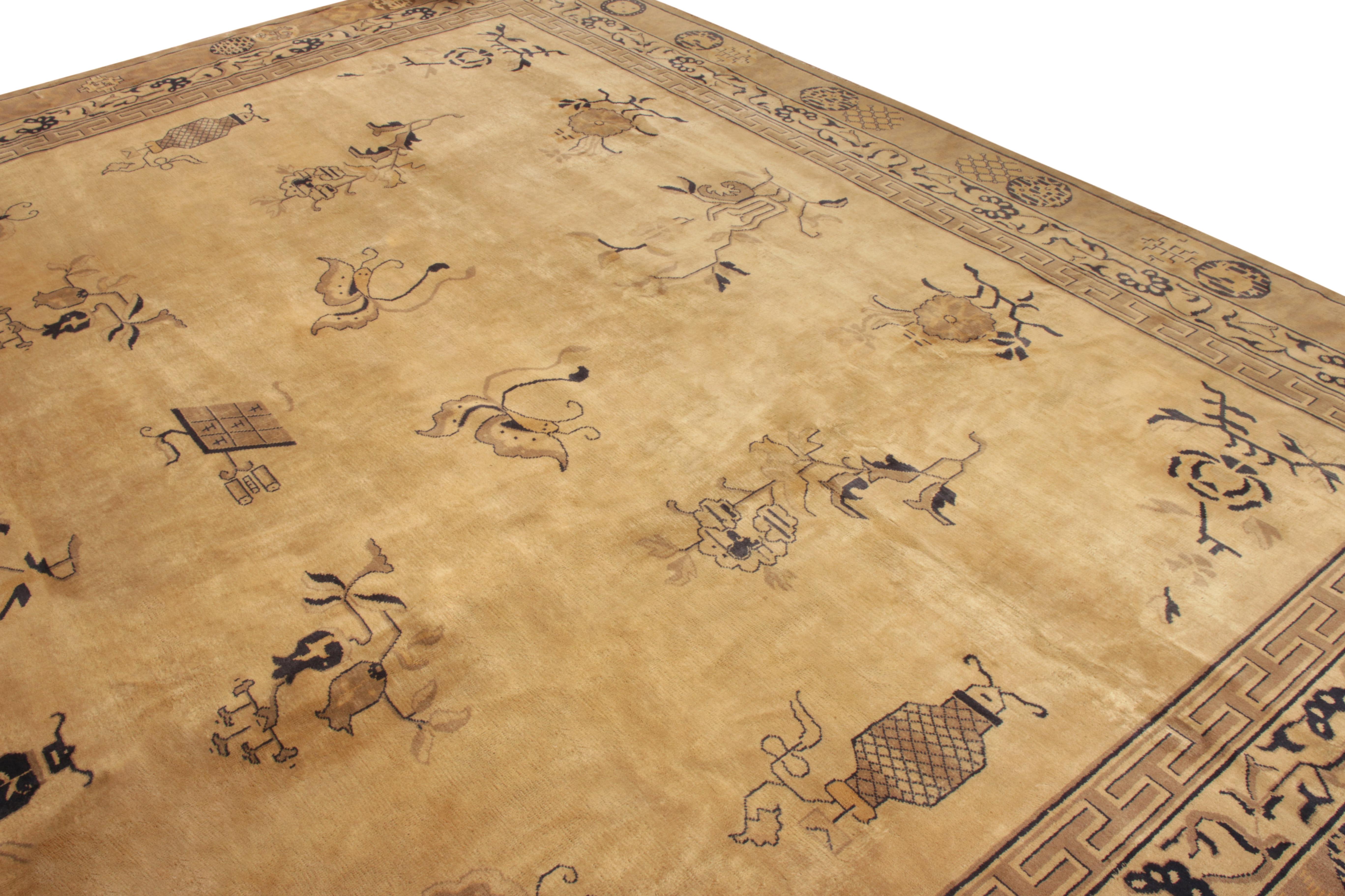 Indian Hand-Knotted Antique Indochinese Rug in Gold with Beige-Brown Patterns For Sale
