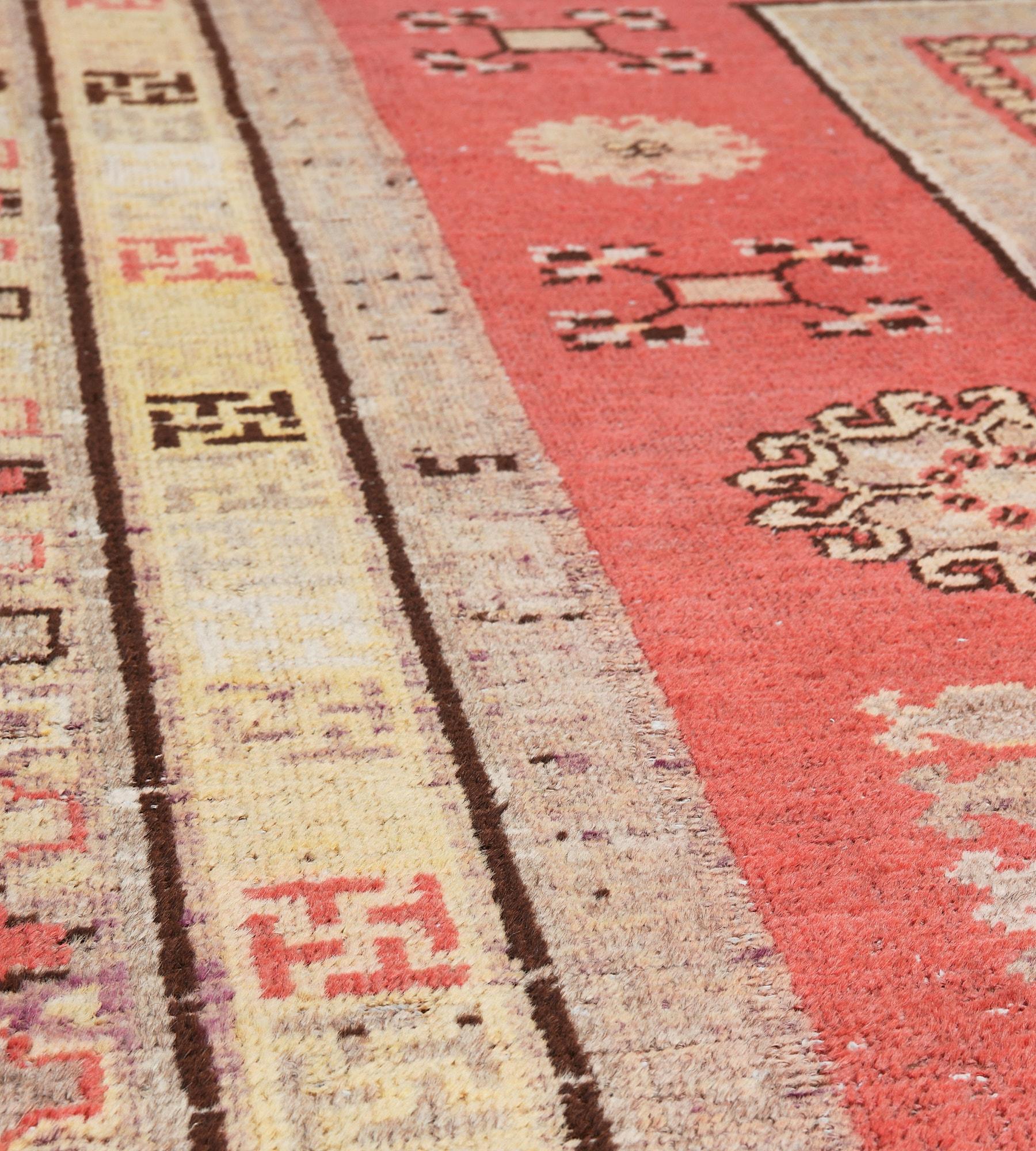 Wool Hand-Knotted Antique Circa-1880 Red Khotan Rug For Sale