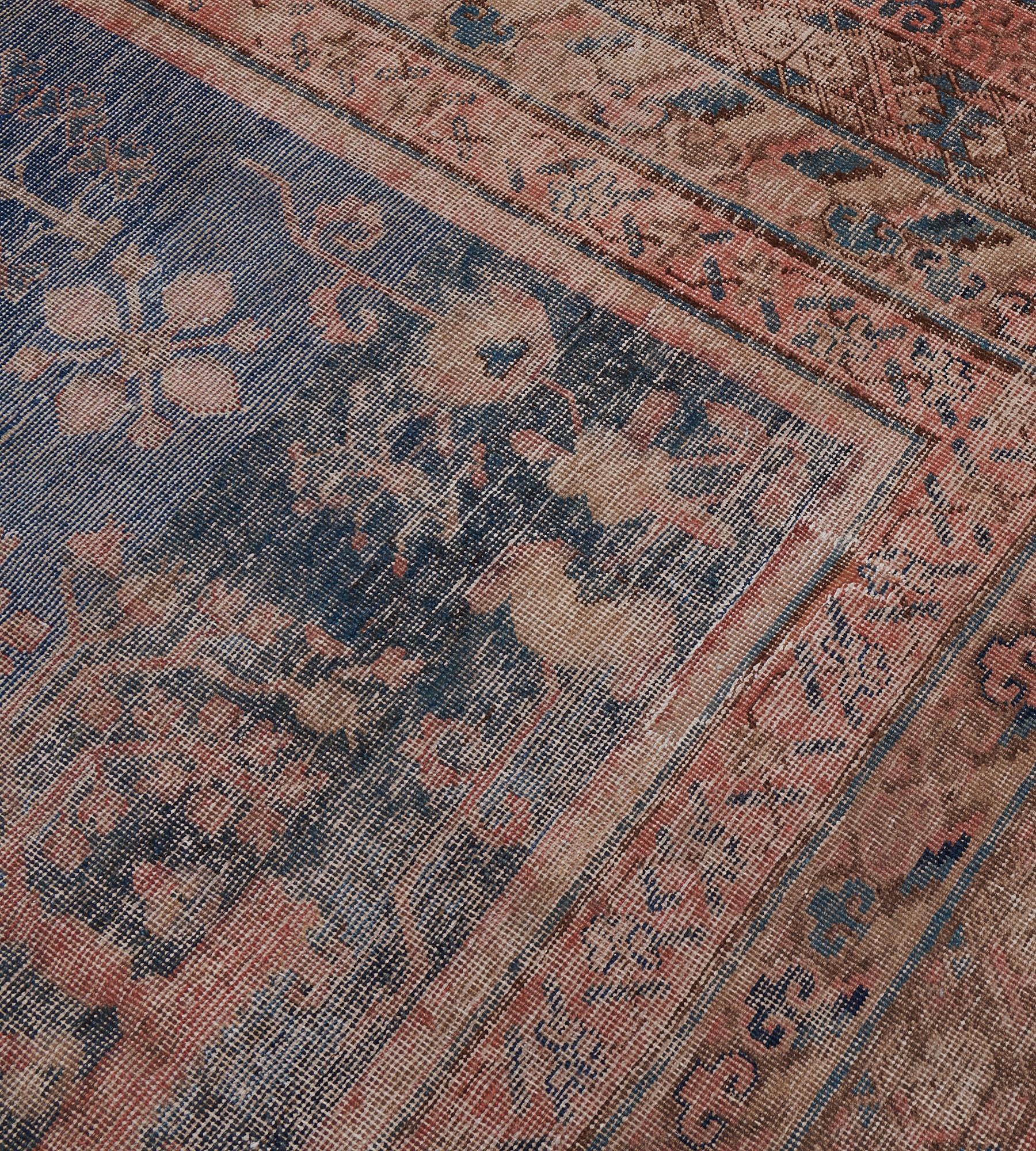 Hand-knotted Antique Circa-1880 Wool Khotan Indigo-Blue Floral Rug For Sale 3
