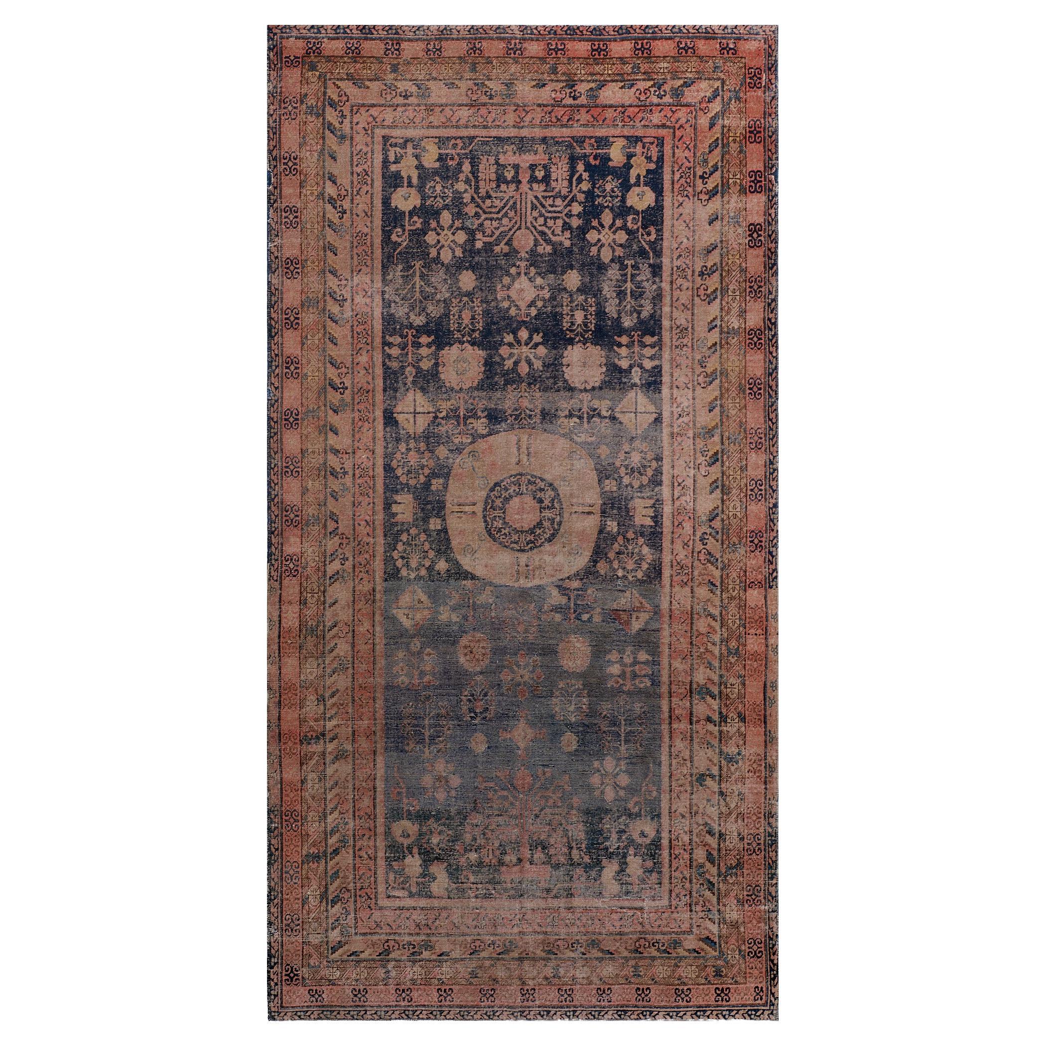 Hand-knotted Antique Circa-1880 Wool Khotan Indigo-Blue Floral Rug For Sale