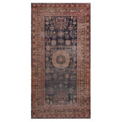 Hand-knotted Antique Circa-1880 Wool Khotan Indigo-Blue Floral Rug