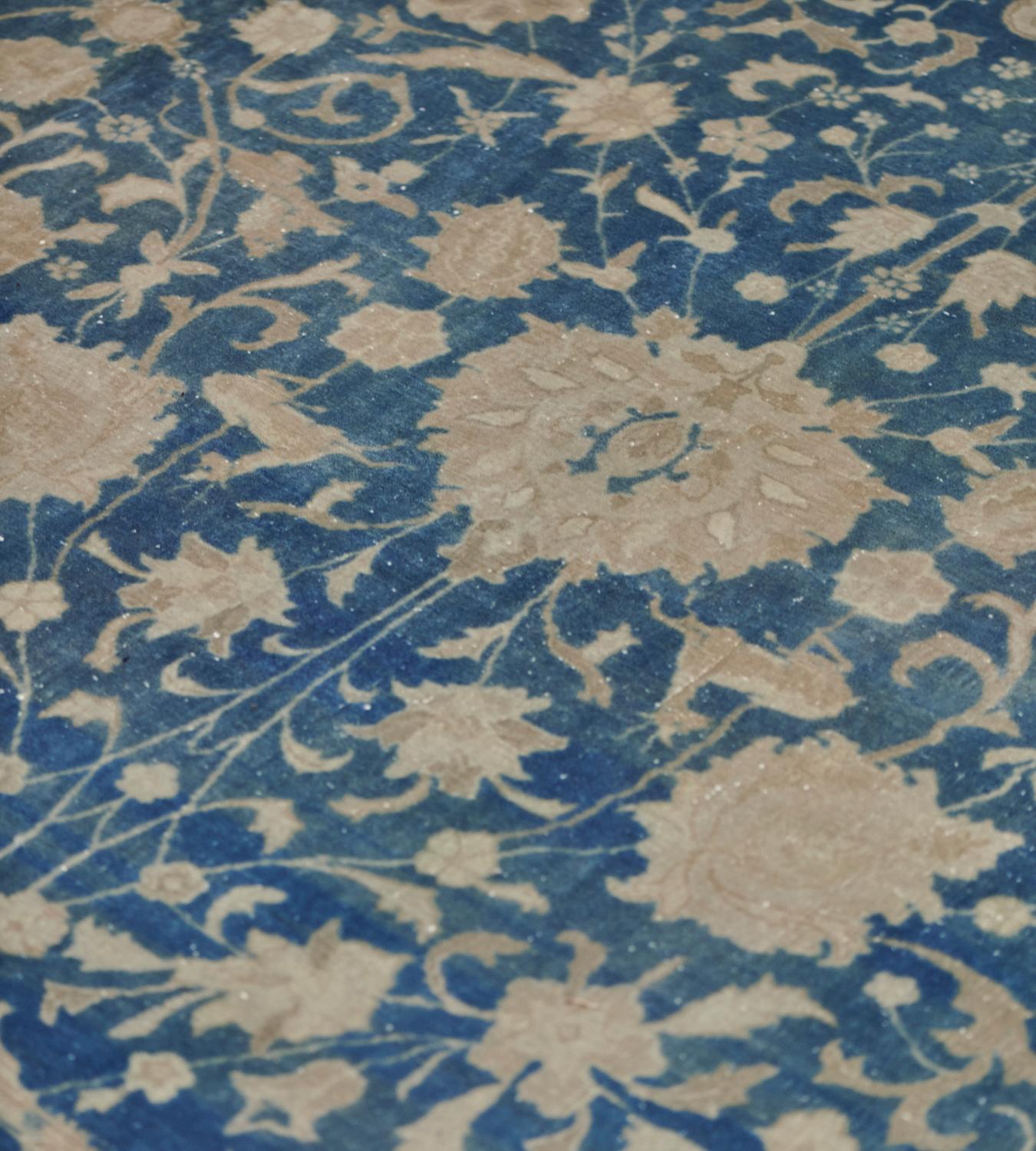 Wool Hand-knotted Antique Circa-1900 Blue Floral Authentic Indian Agra Rug,  15'x20' For Sale