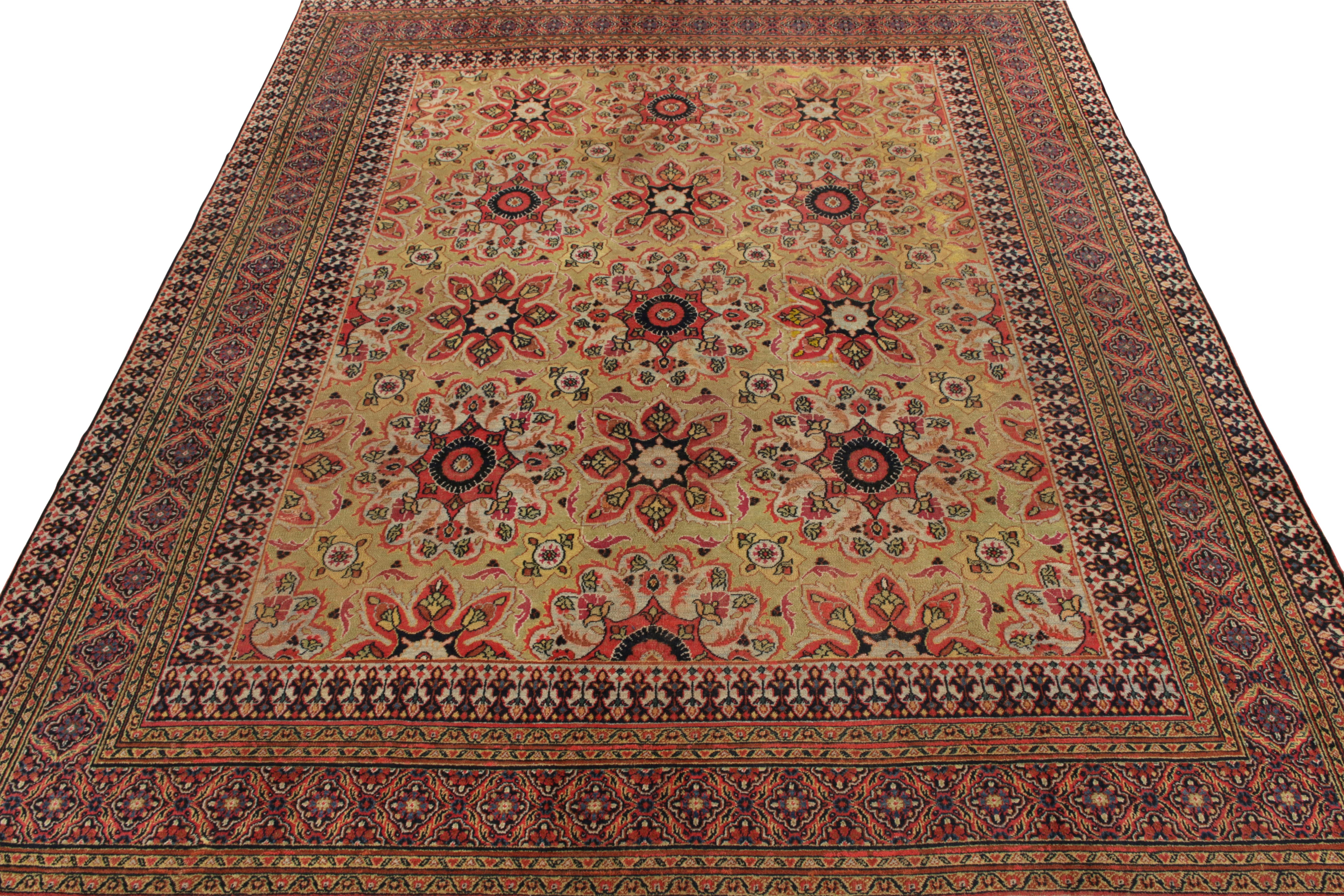 Hand-knotted in wool circa 1920-1930, a 9x12 antique Indian rug making way to Rug & Kilim’s coveted Antique & Vintage collection. Emanating traditional Indian vibes while drawing on Mashad Doroksh Khorassan rug sensibilities—this 19th Century Indian