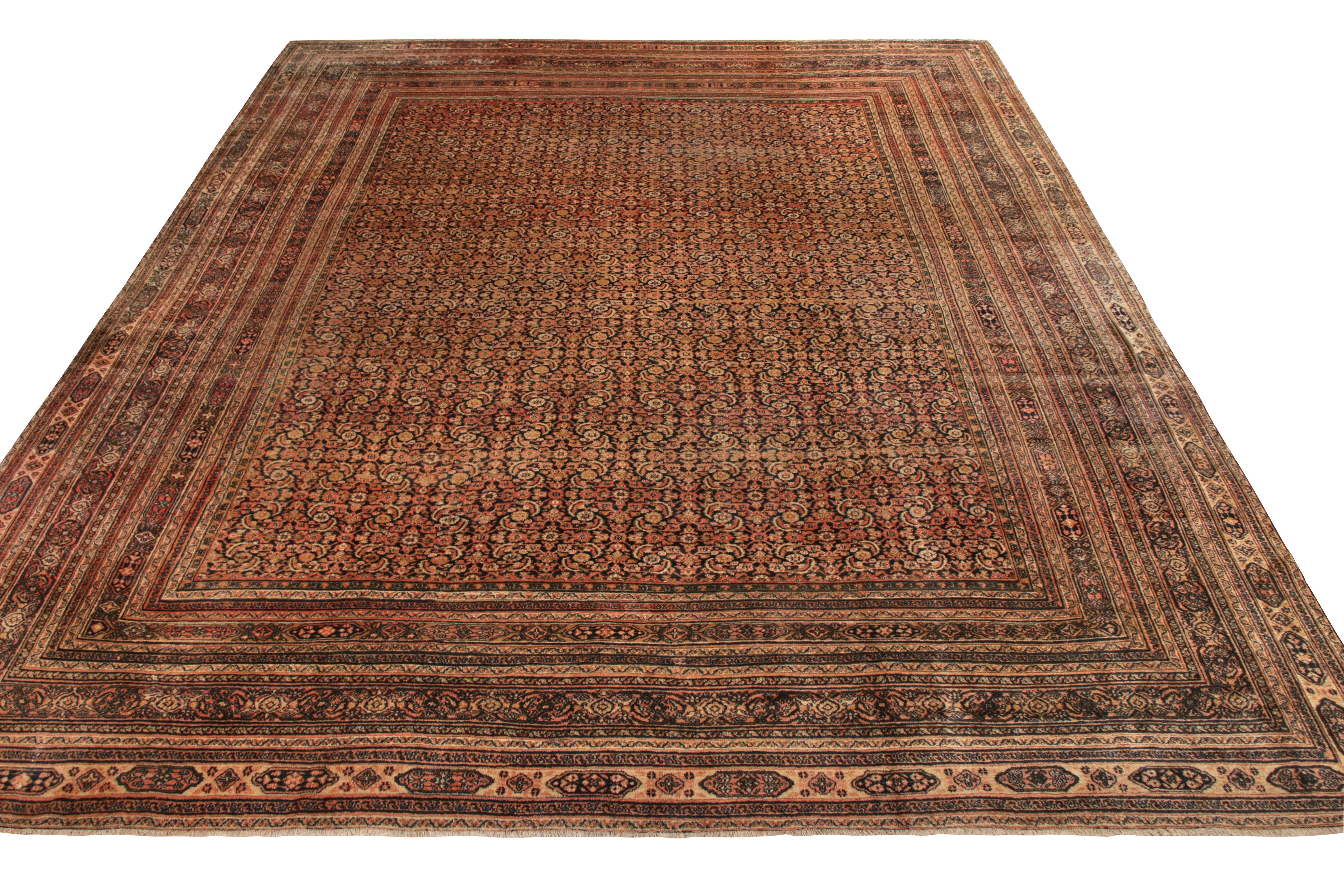 A spacious 13 x 15 antique Doroksh rug from the most distinctive Persian Rugs in our collection. Hand knotted in wool circa 1880–1890, this rare piece boasts the mesmerising union of design and colour, painstakingly crafted as an overall Herati