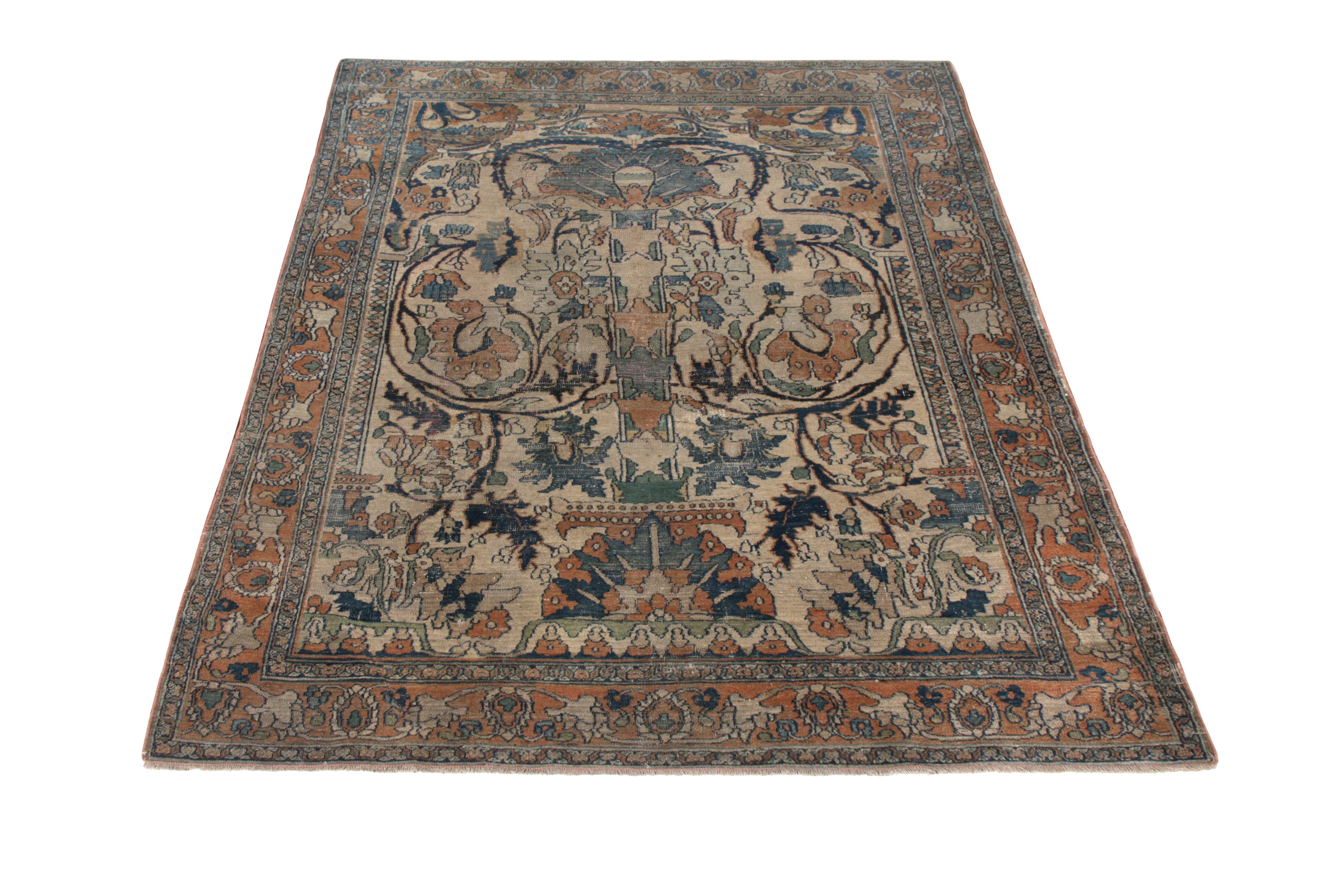 Hand-knotted in wool originating from circa 1860-1870, this 4 x 5 antique Persian rug connotes a traditional Doroksh rug design, one of the oldest pieces in our 19th-century collection from a family renowned among the most sought-after lineages of
