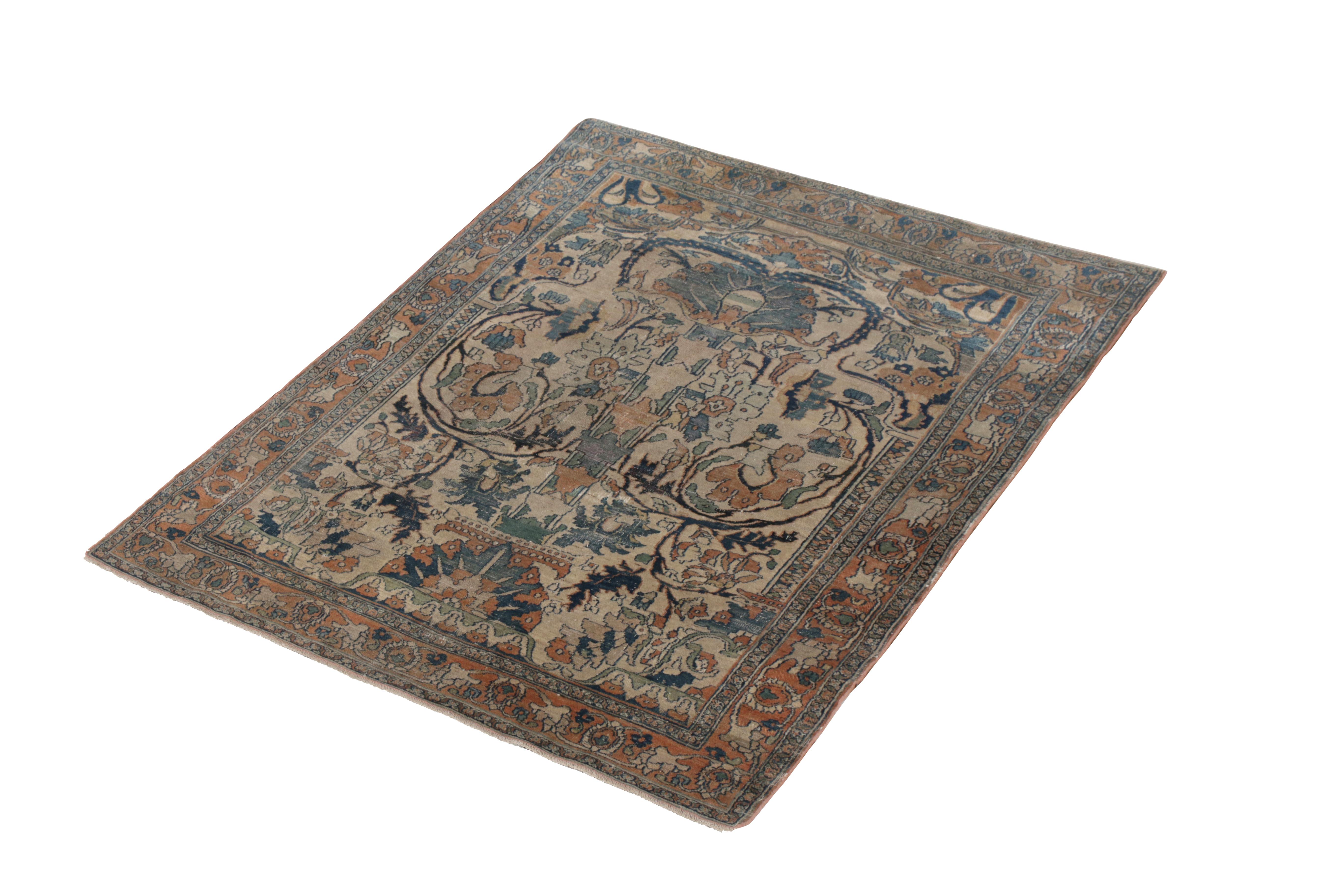 Malayer Hand-Knotted Antique Doroksh Rug in Beige BlueFloral Pattern by Rug & Kilim For Sale