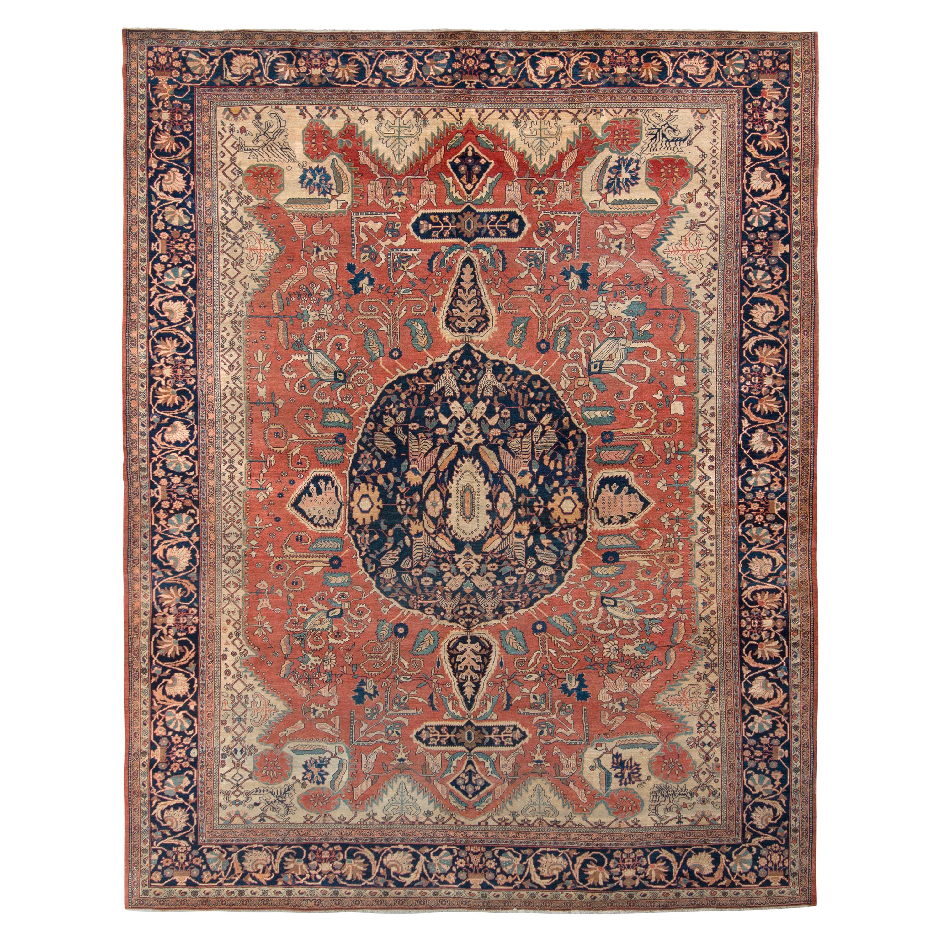 Hand Knotted Antique Farahan Rug in Red Blue Medallion Pattern by Rug & Kilim