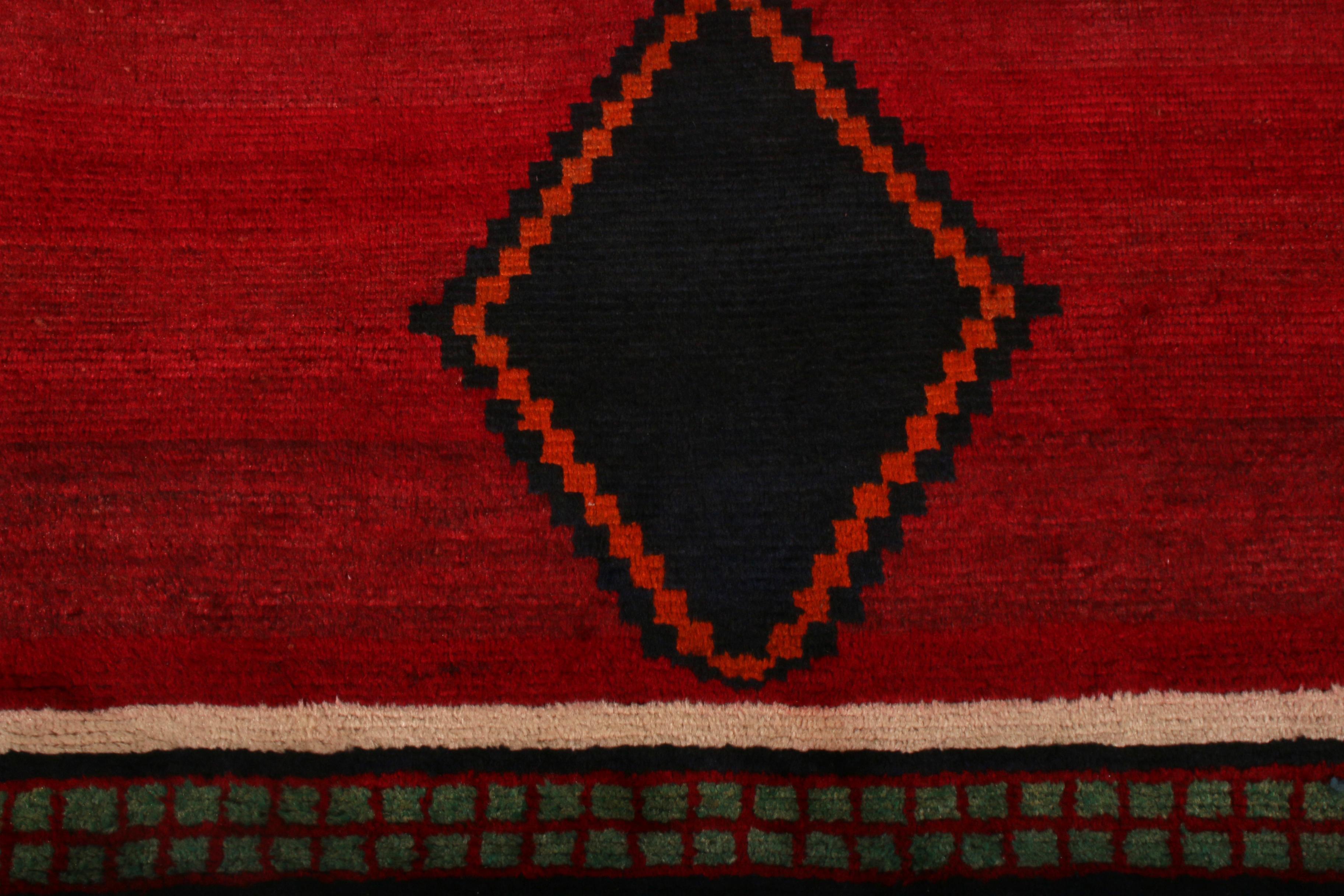 Islamic Hand Knotted Antique Gabbeh Rug Red Beige Green with Black Diamond Pattern