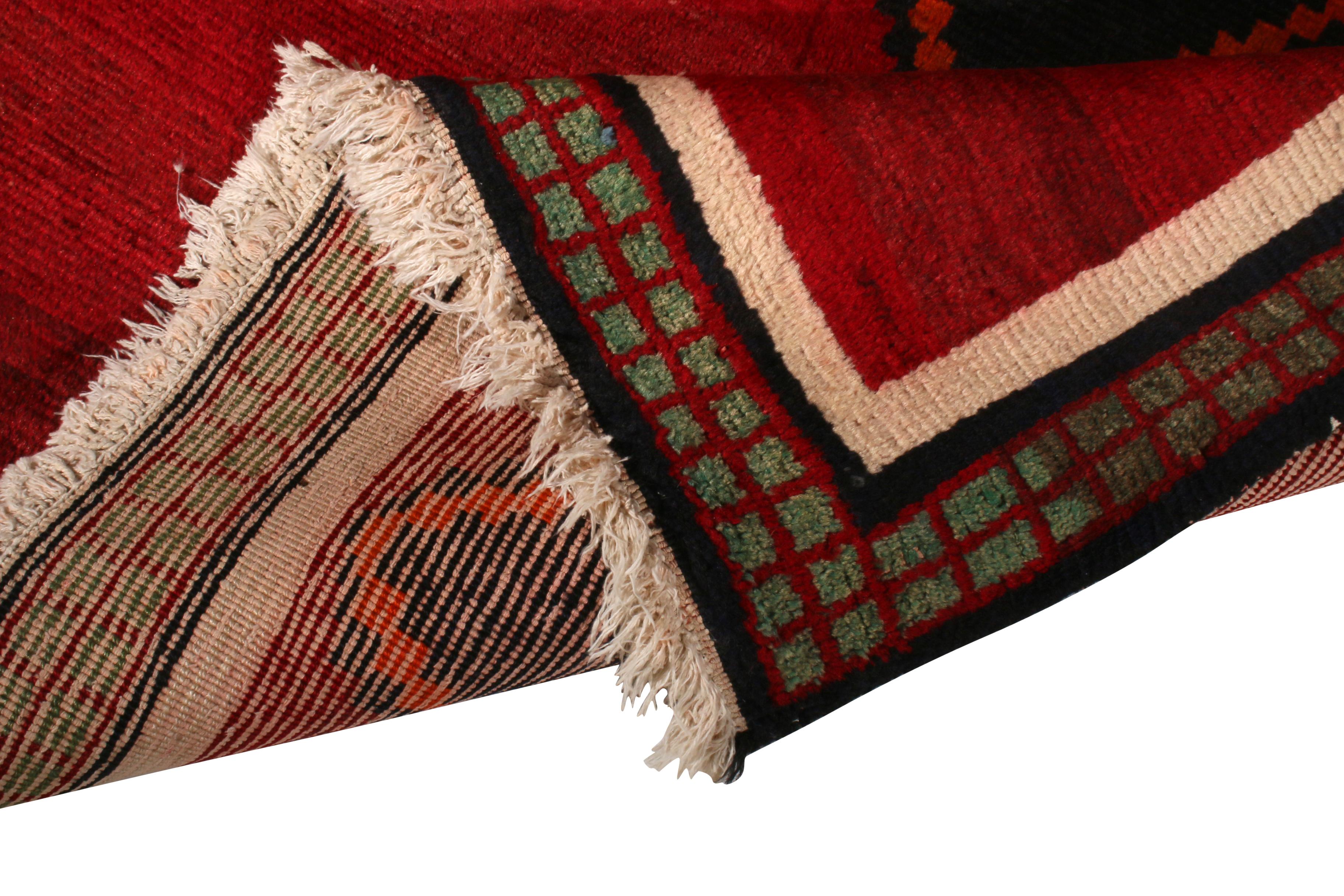 Hand-Knotted Hand Knotted Antique Gabbeh Rug Red Beige Green with Black Diamond Pattern