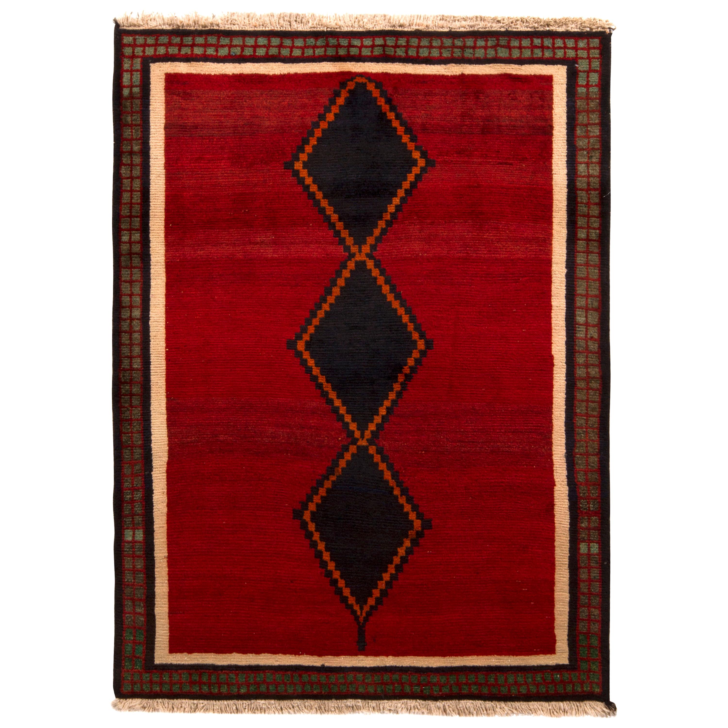 Hand Knotted Antique Gabbeh Rug Red Beige Green with Black Diamond Pattern