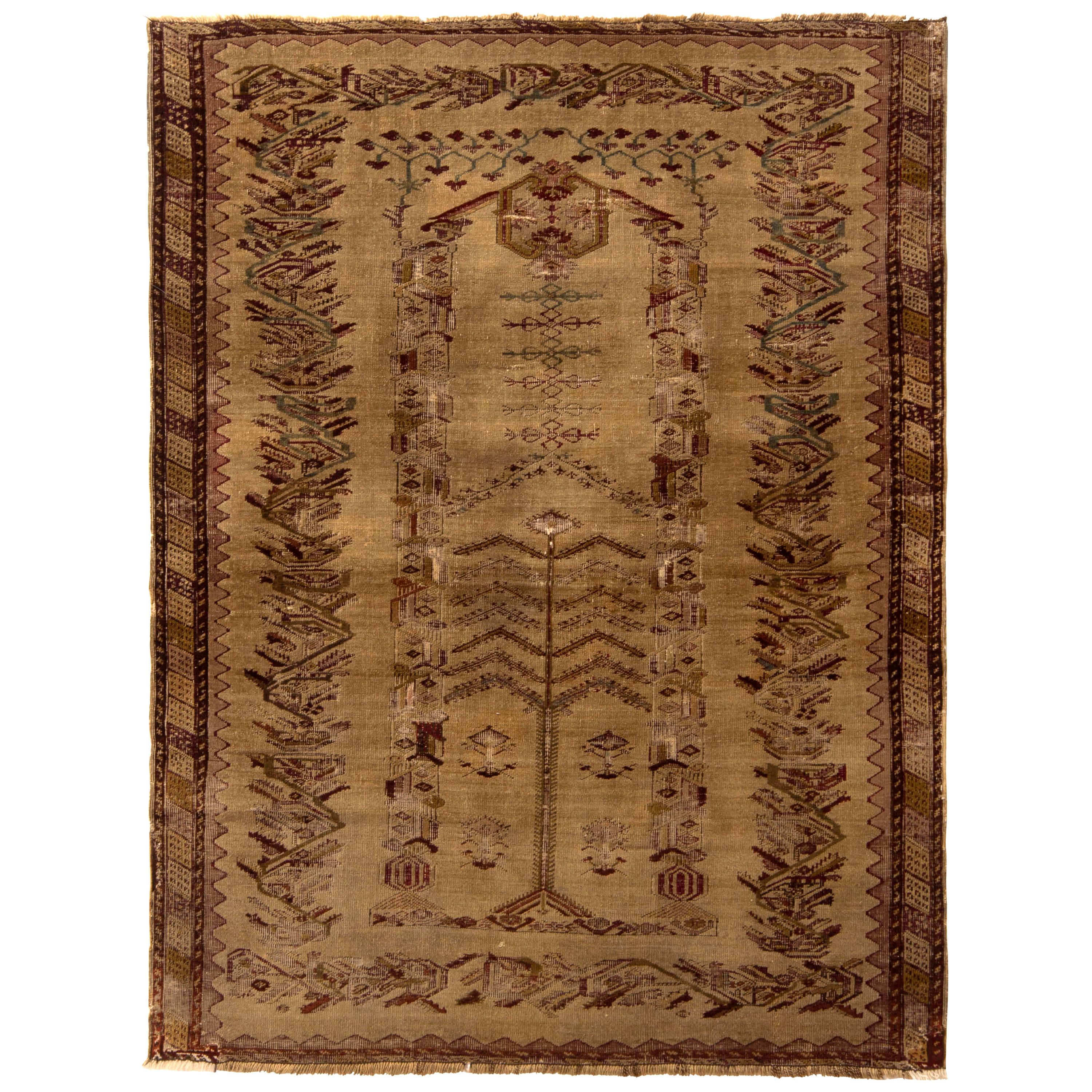 Handgeknüpfter antiker Ghiordes-Teppich in Beige und Braun mit geometrischem Muster von Teppich & Kelim