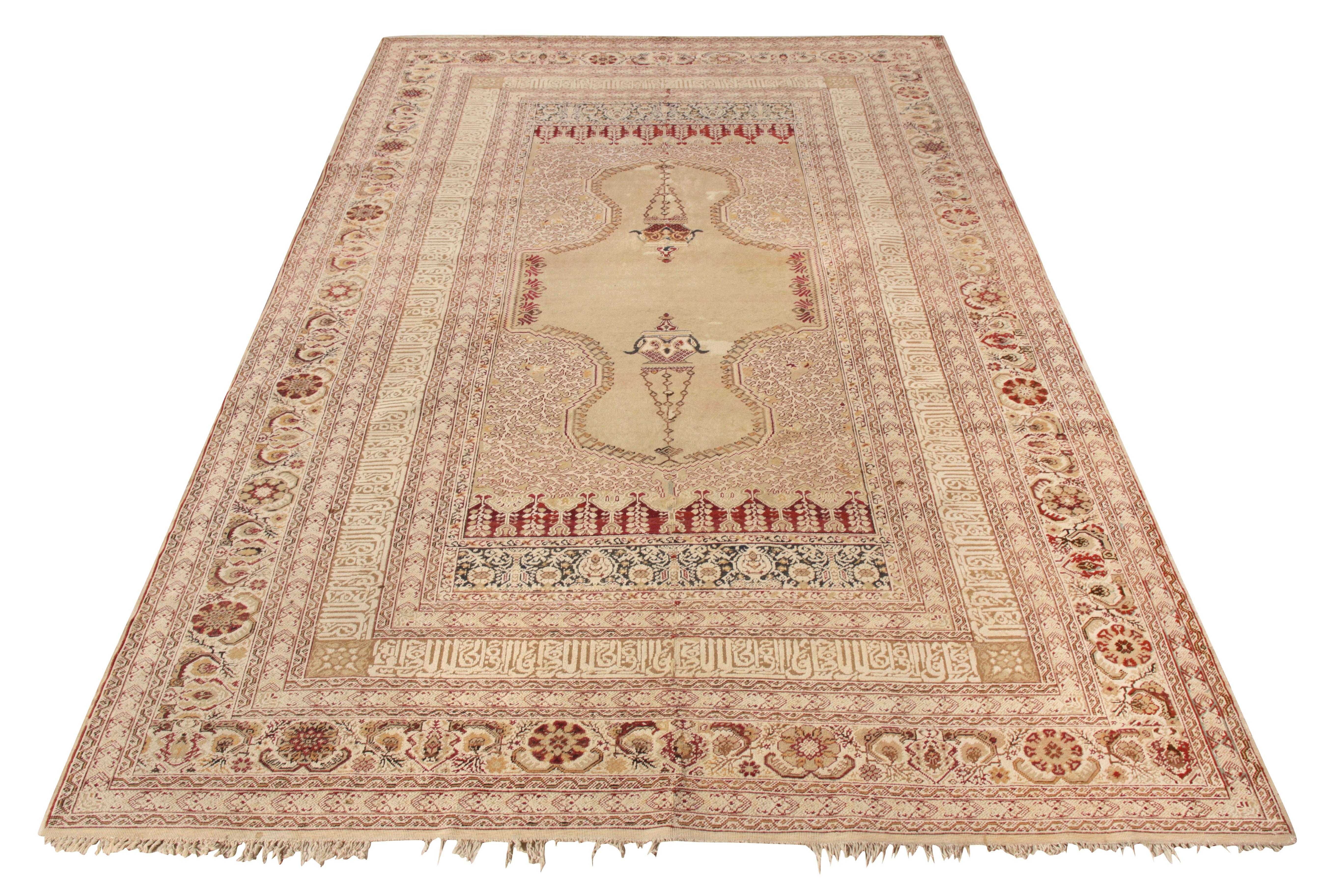 A hand-knotted marvel originating from Turkey circa 1920-1930, this antique 6x9 Ghiordes rug is skillfully crafted in a premium blend of wool and cotton. Owning a unique composition, the rug commands attention to its striking pseudo-medallion