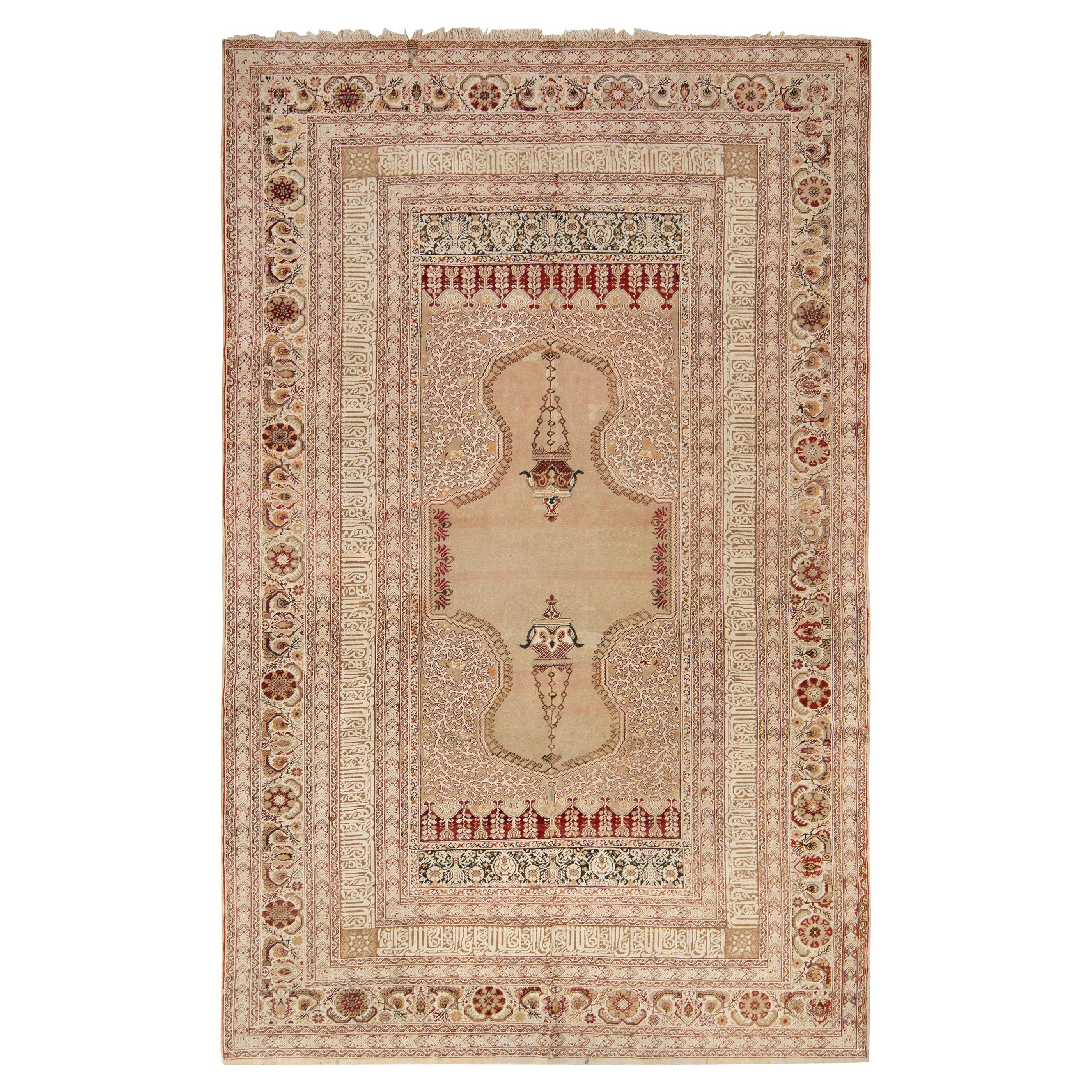 Hand-Knotted Antique Ghiordes Rug in Beige-Brown Floral Pattern by Rug & Kilim For Sale