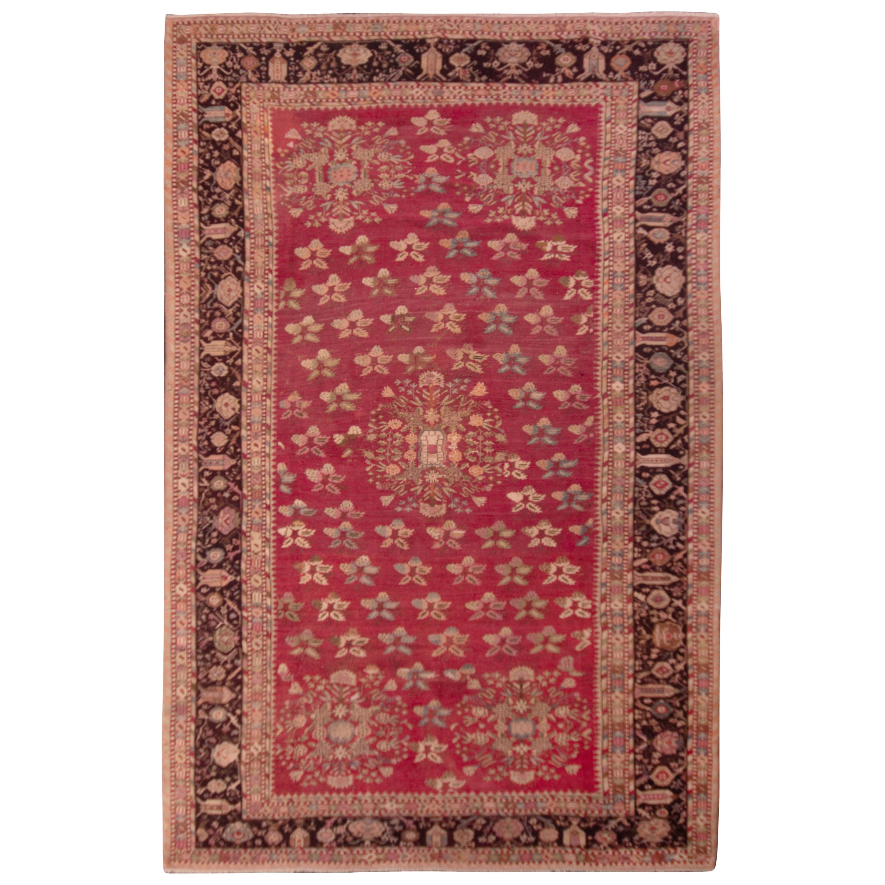 Handgeknüpfter antiker Gordes-Teppich mit rotem und beigefarbenem Blumenmuster von Teppich & Kelim