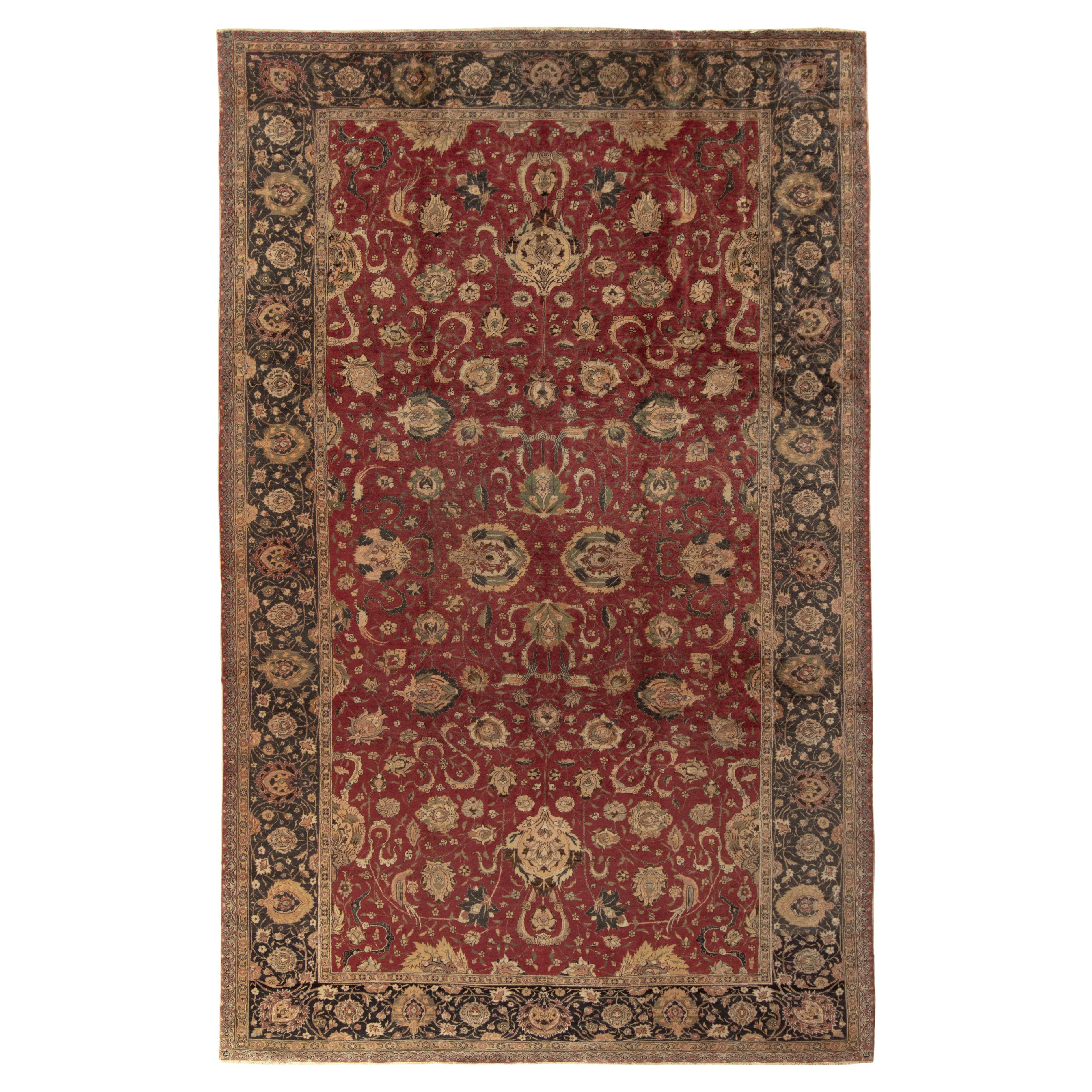 Hand-Knotted Antique Rug in Red, Beige-Brown Floral Pattern by Rug & Kilim For Sale