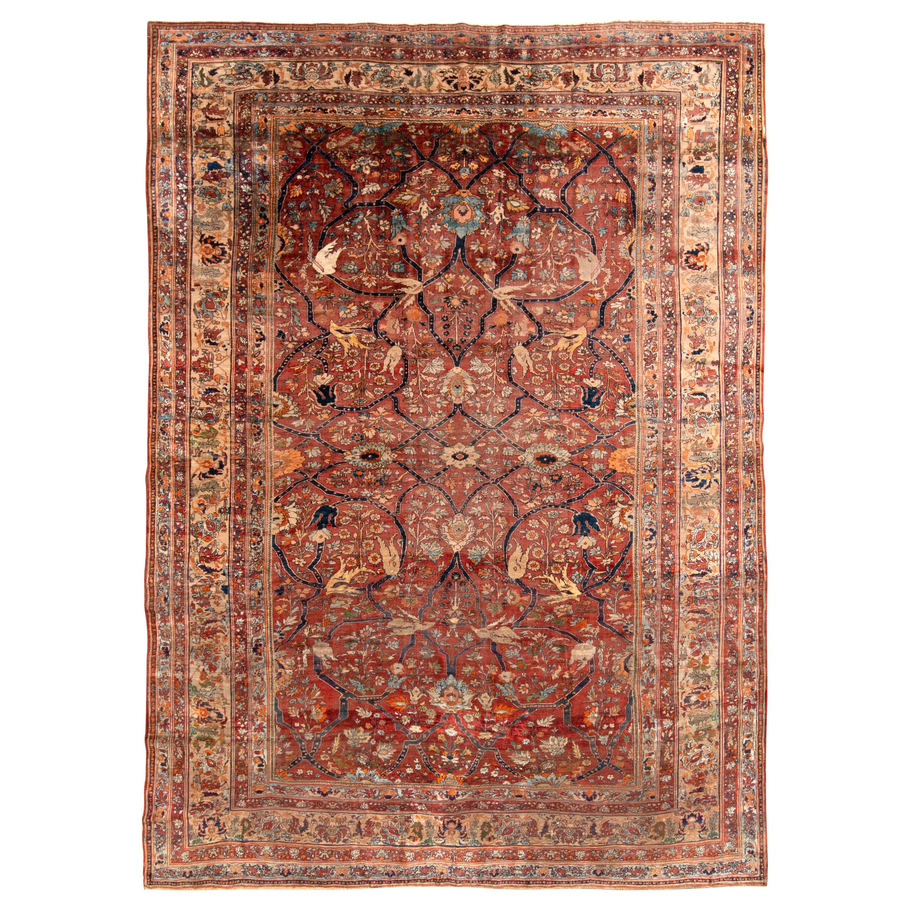 Hand-Knotted Antique Heriz Persian Style Rug in Red Floral Pattern