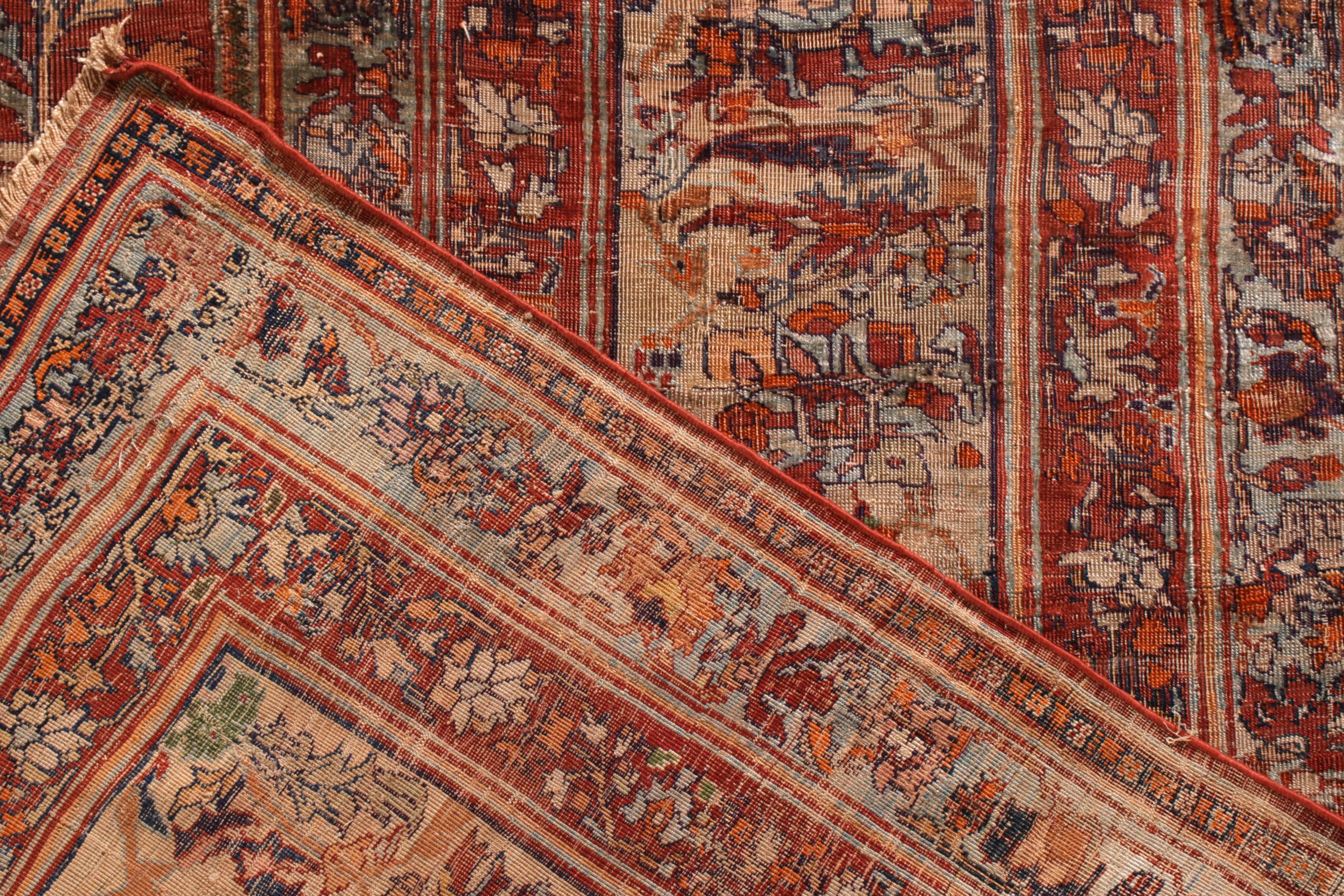 Silk Hand-Knotted Antique Heriz Persian Style Rug in Red Floral Pattern For Sale