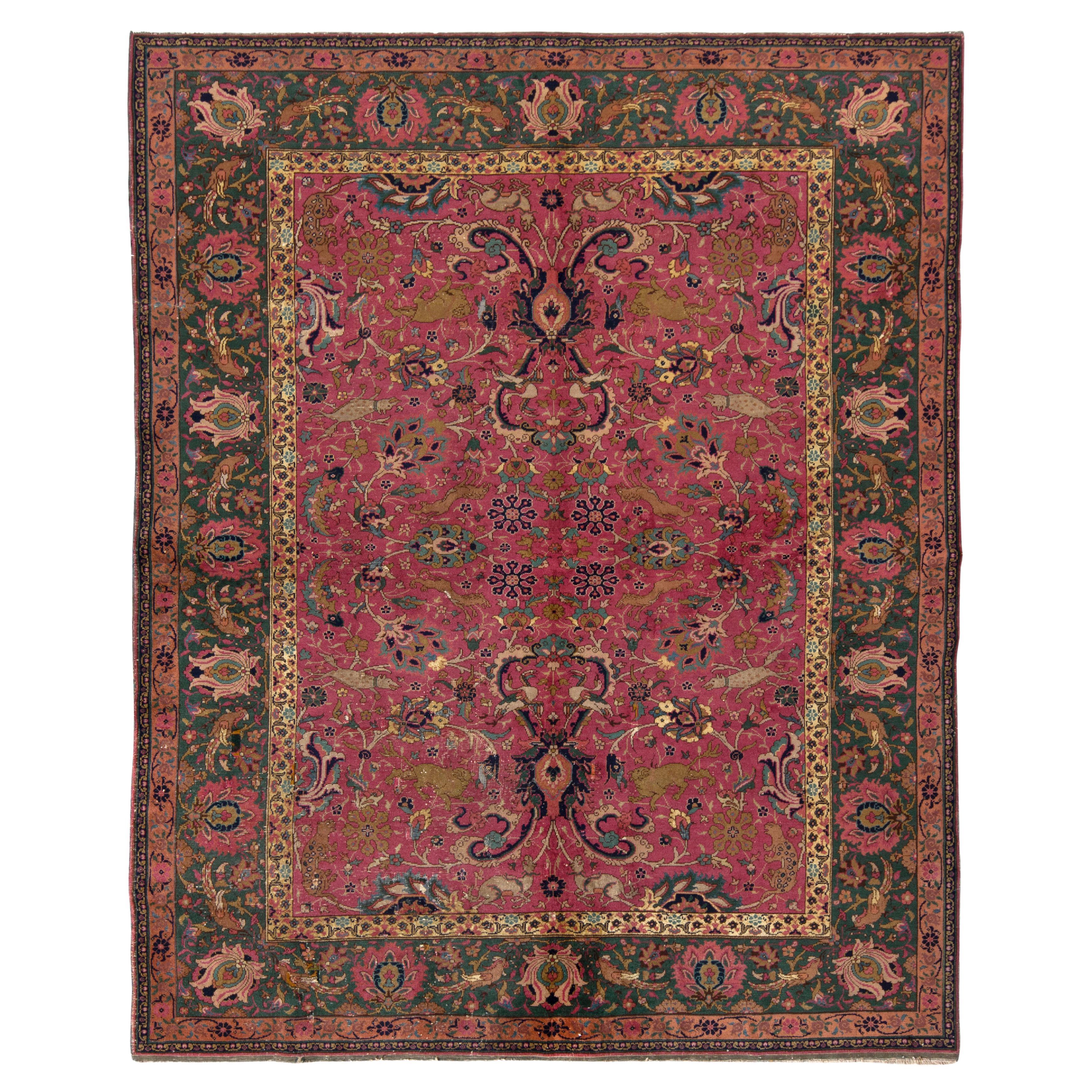 Hand-Knotted Antique Indian Agra Rug in All over Pink, Pictorial by Rug & Kilim For Sale
