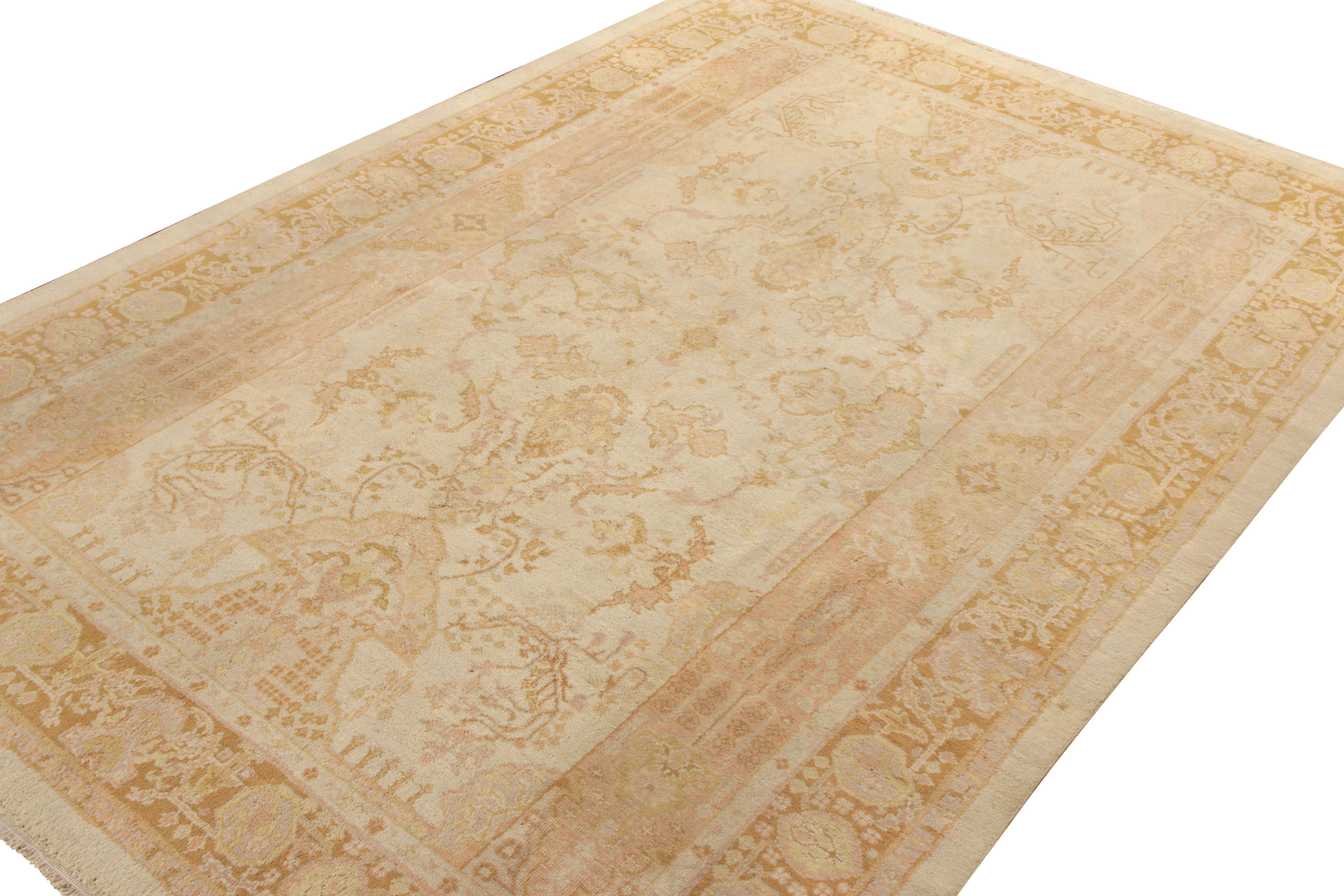 Hand-Knotted Antique Indian Amritsar rug in beige-brown, pink floral pattern In Good Condition For Sale In Long Island City, NY