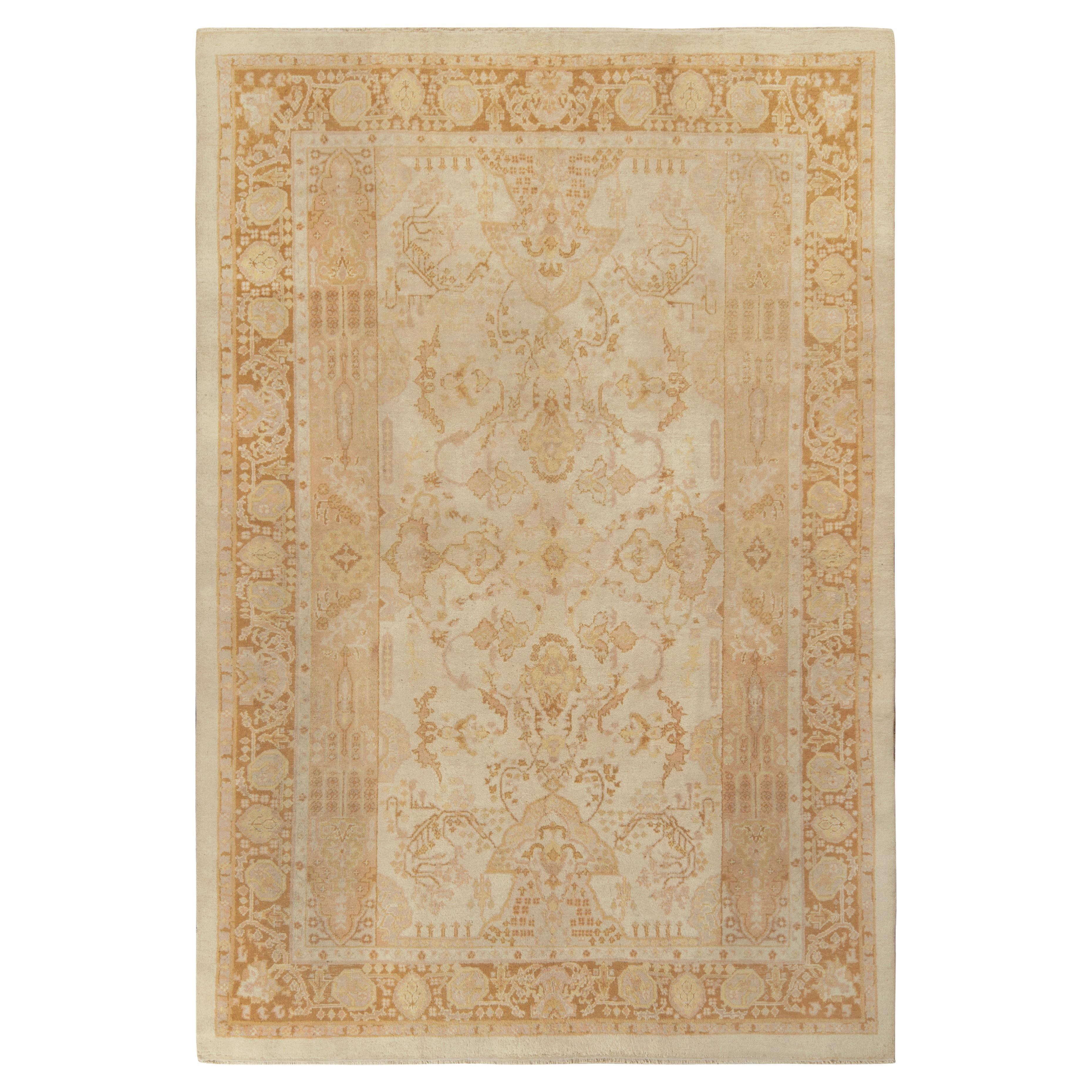 Hand-Knotted Antique Indian Amritsar rug in beige-brown, pink floral pattern