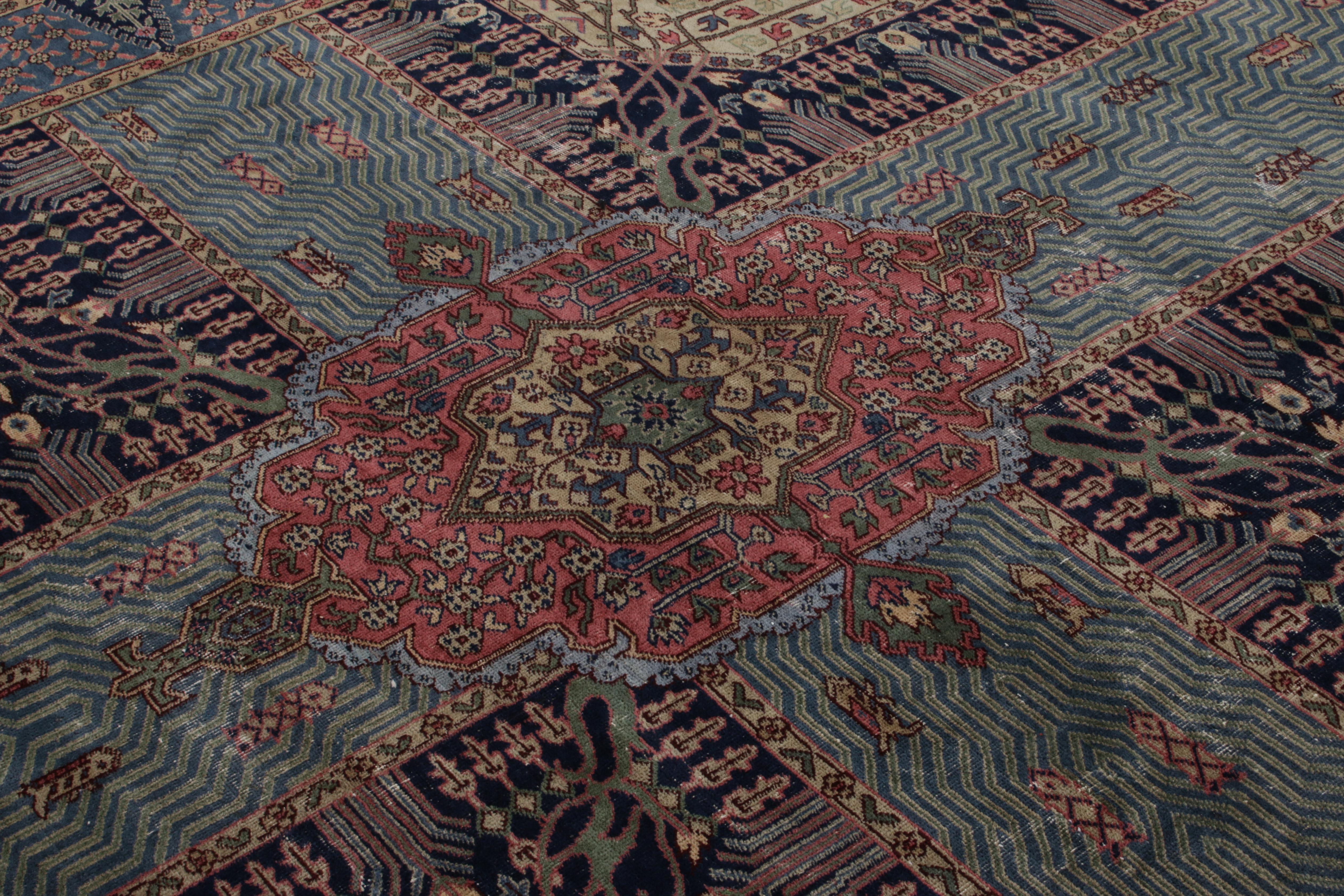 Hand-Knotted Antique Indian Rug in Blue, Red Garden Pattern by Rug & Kilim In Good Condition In Long Island City, NY