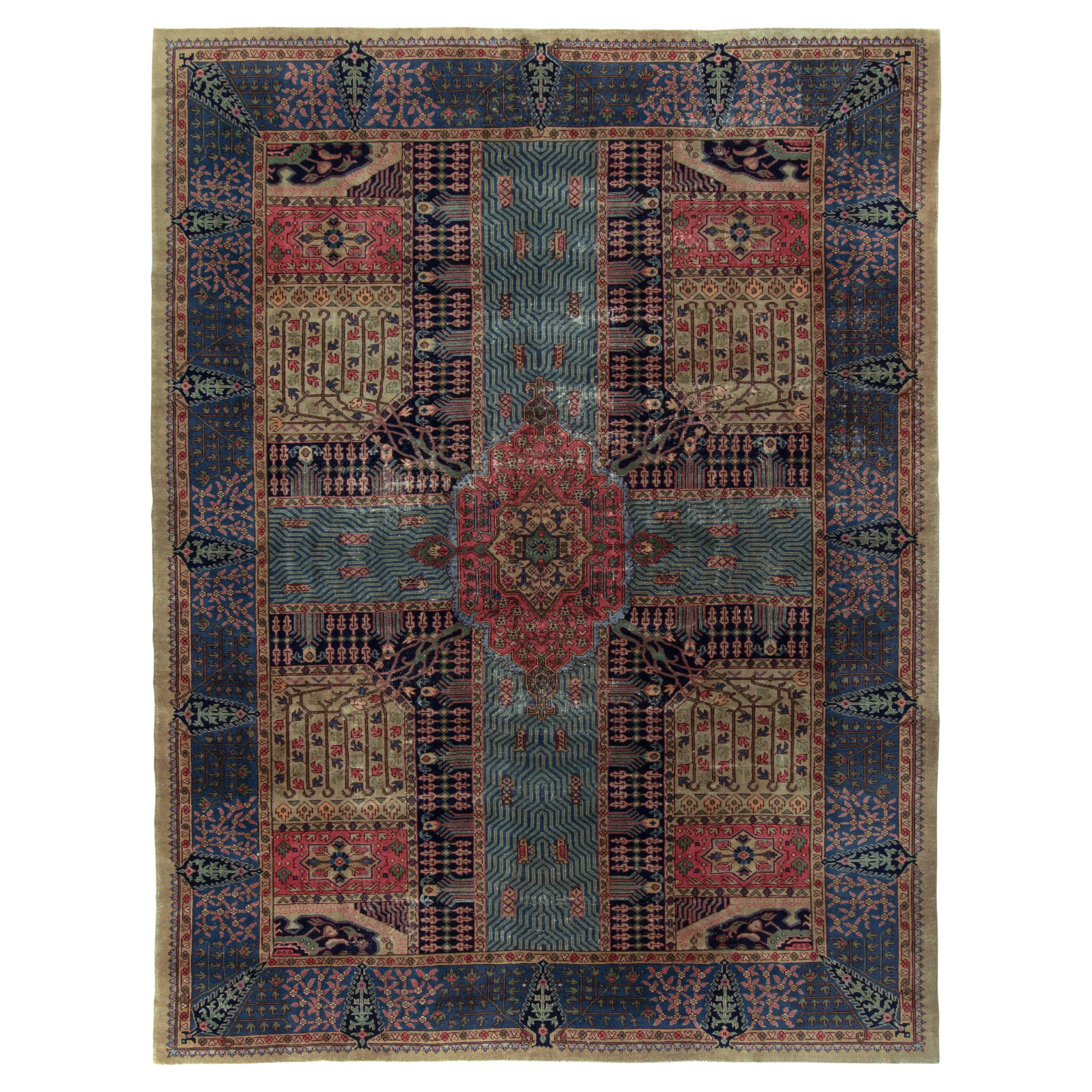 Hand-Knotted Antique Indian Rug in Blue, Red Garden Pattern by Rug & Kilim For Sale