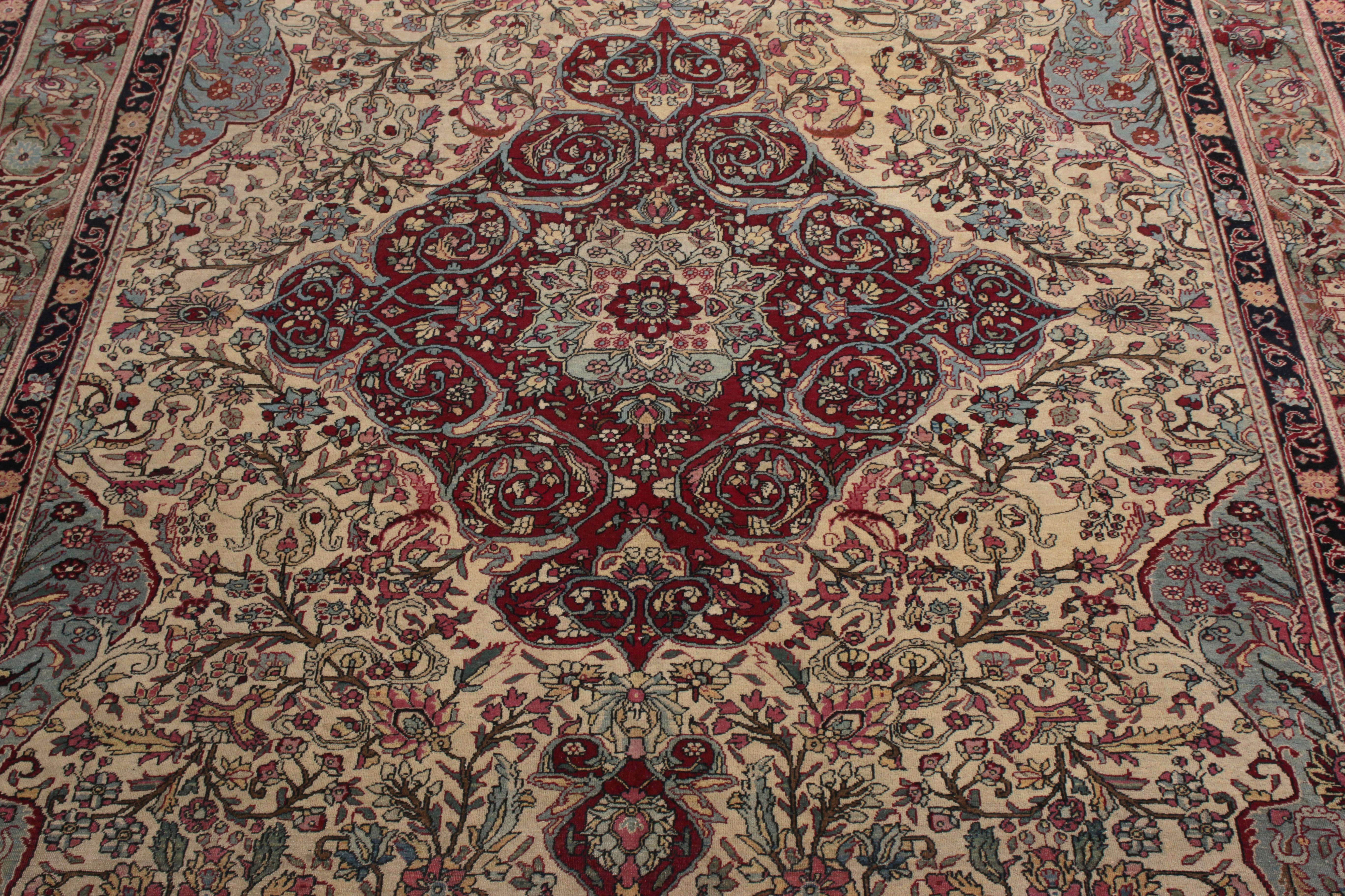 Persian Hand-Knotted Antique Isfahan Rug in Beige with Red Floral Pattern by Rug & Kilim For Sale