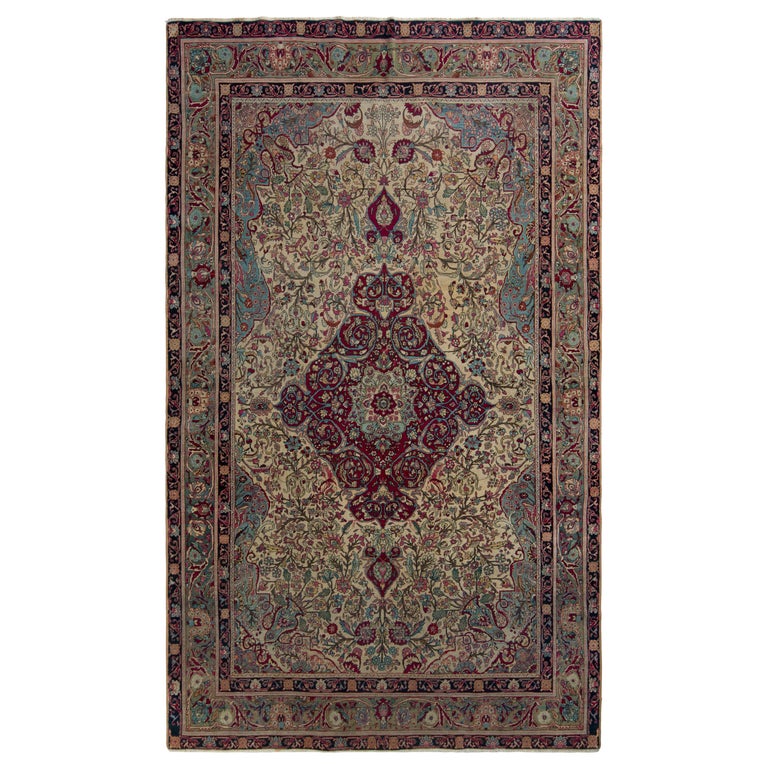 Hand-Knotted Antique Isfahan Rug in Beige with Red Floral Pattern by ...