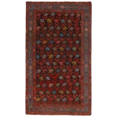 Hand Knotted Antique Rug Red Blue Floral Pattern Wool Russian Rug by Rug & Kilim
